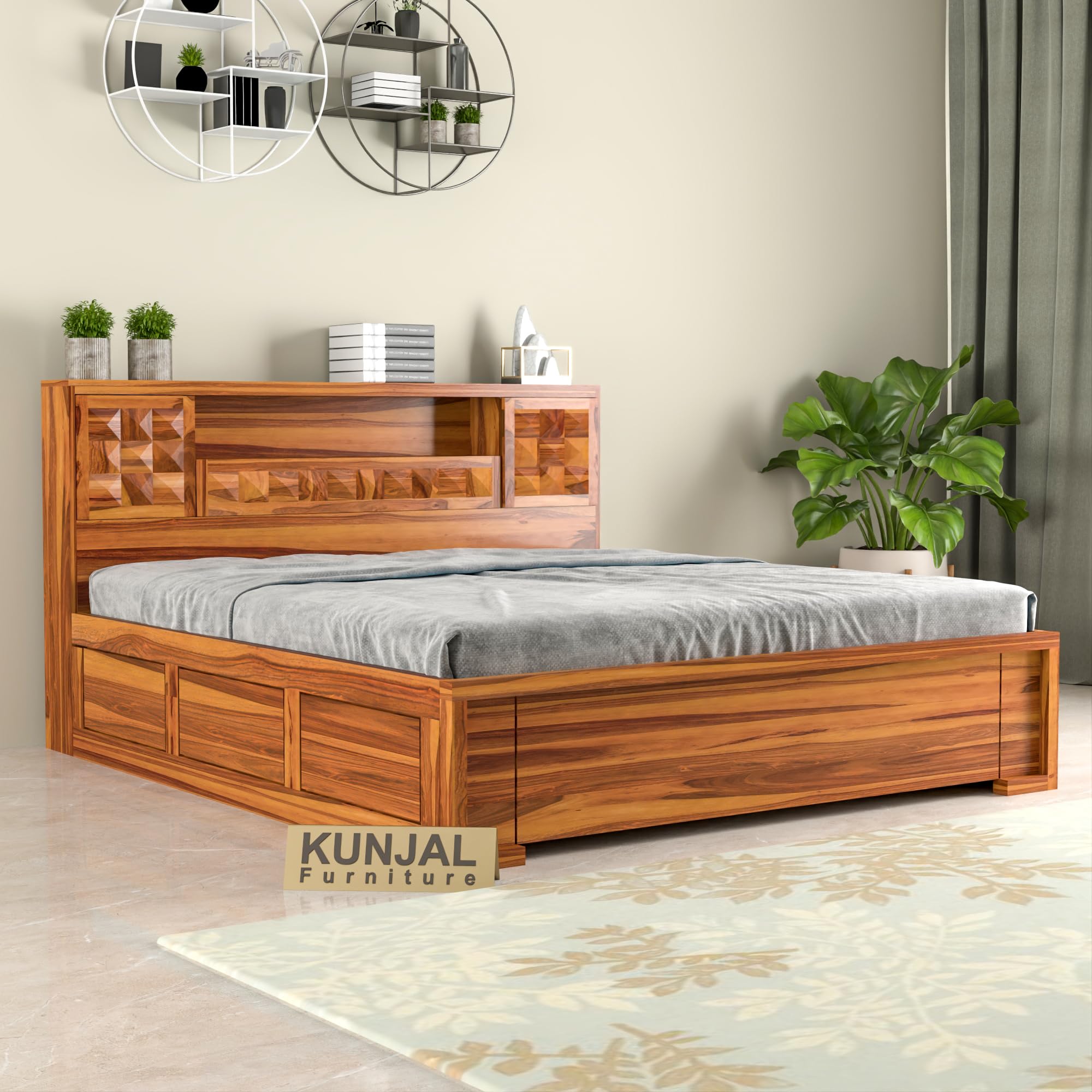 Kunjal Furniture Solid Sheesham Wood Bed with Headboard & Box Storage - Handcrafted Wooden Bed for Bedroom - Ideal for Home (Flyding Diamond Carved Natural, Queen)