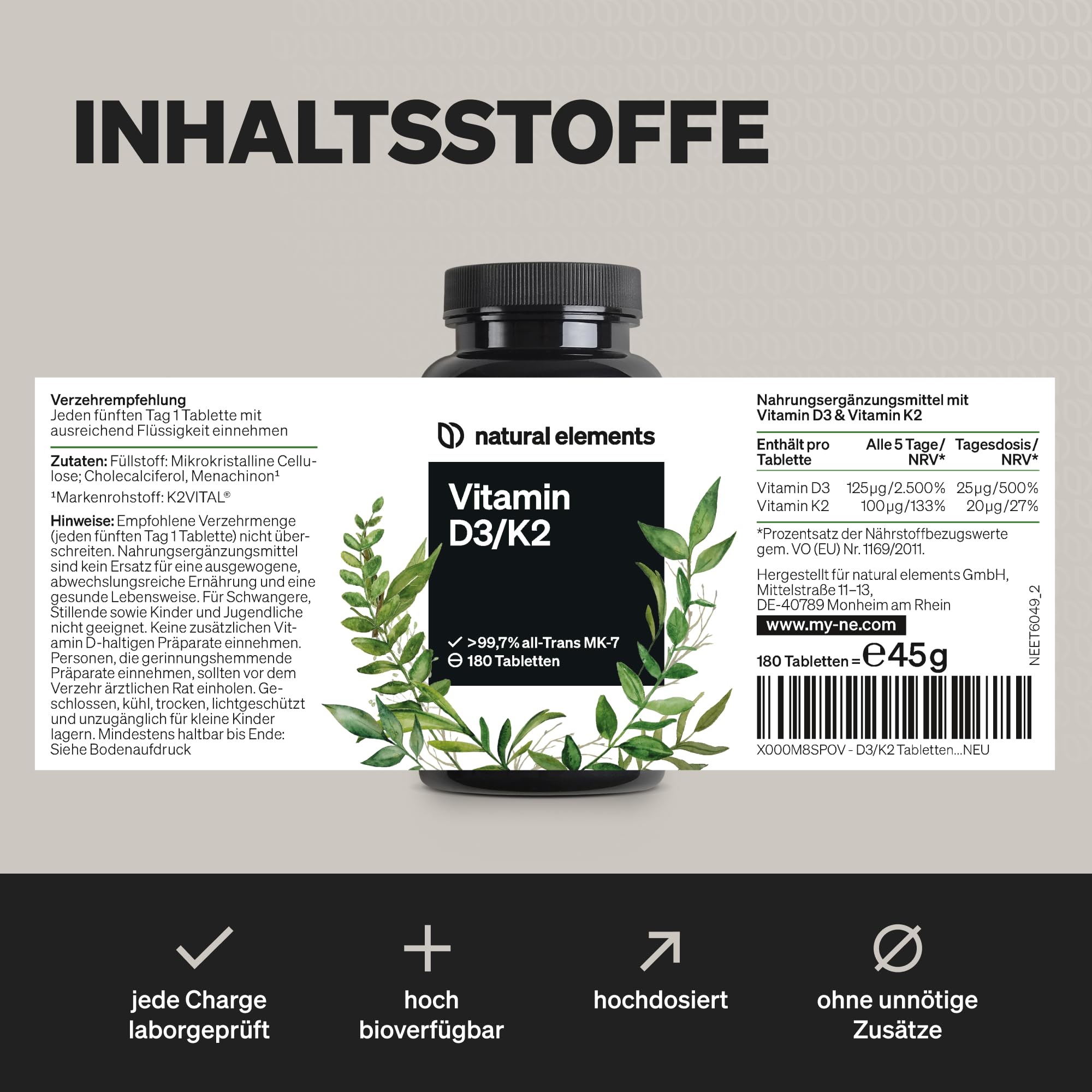 natural elements Vitamin D3 + K2 Depot – 180 Tabletten – Premium-Qualität: K2VITAL® von Kappa – 99,7+% All-Trans K2-MK7 + 5000 IE Vitamin D3 – hochdosiert, ohne Zusätze – laborgeprüfte Qualität