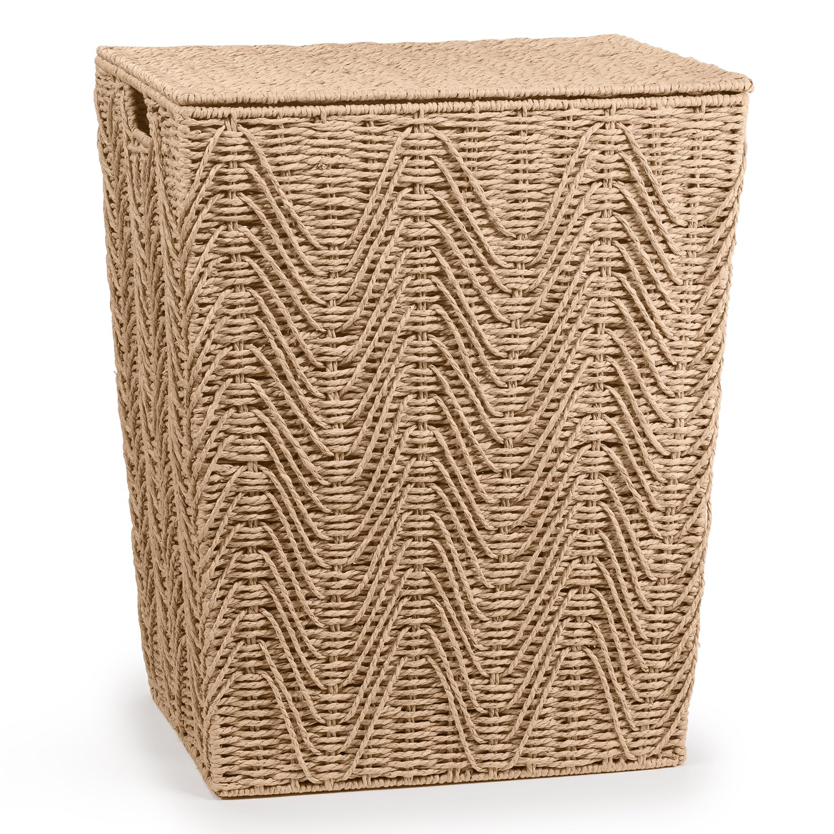 woodluv Laundry Basket with Lid, Woven Storage Basket, Laundry Hamper Bin Storage Organiser, Washing Basket for Dirty Clothes Bathroom, Large - Khaki