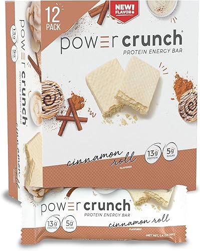Power Crunch Barras de oblea de proteínas, bocadillos ricos en proteínas con delicioso sabor, rollo de canela, 1.4 onzas (12 unidades)