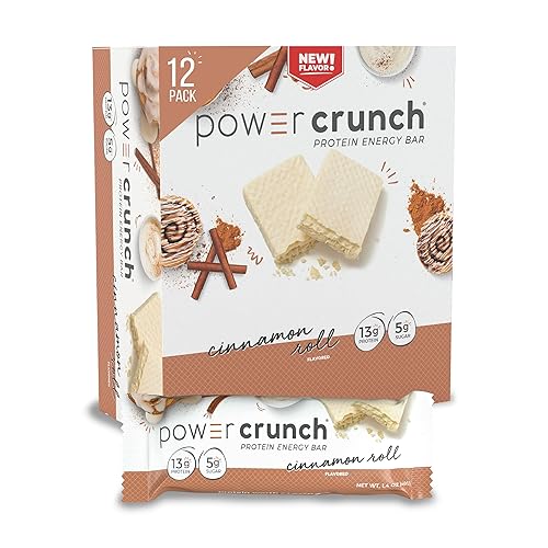 Barritas de gofre de proteína Power Crunch, snacks altos en proteínas con delicioso sabor, rollo de canela, 1.4 onzas (12 unidades)