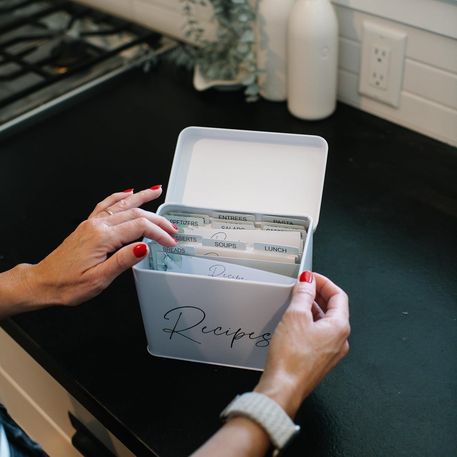 Recipe Box with Cards and Dividers - Recipe Cards and Box Set with 100 Recipe Cards, 100 Card Protectors, Card Holder, 12 Dividers - Recipe Card Box - Recipe Card Holder - Recipe Holder - Recipe Boxes