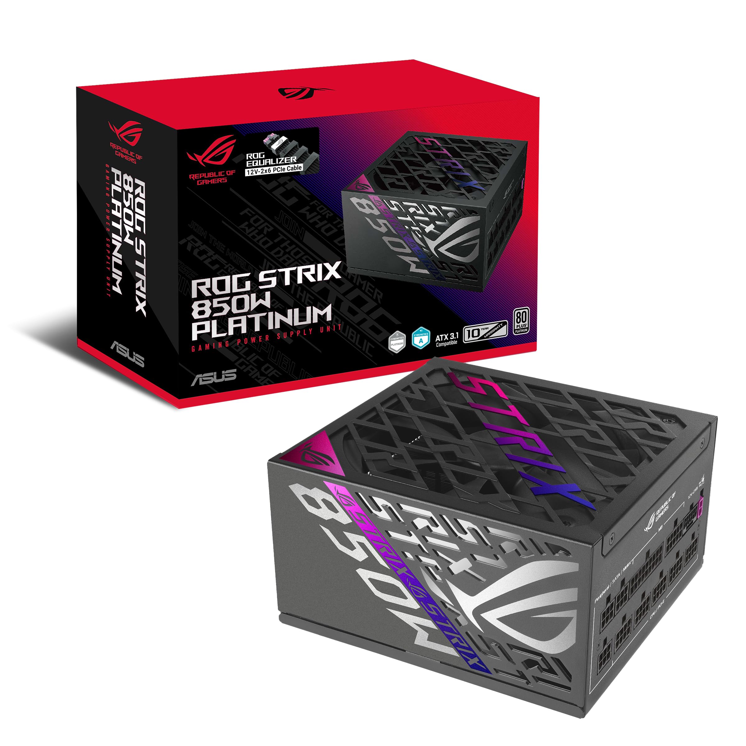 ASUS ROG Strix 850 W Platinum Equalizer, Modułowy zasilacz do gier, PCle Gen 5.1, ATX 3.1, 80+ Platinum, Cybenetics Lambda A, podwójne łożysko kulkowe, czarny, ROG-STRIX-850P-GAMING-E