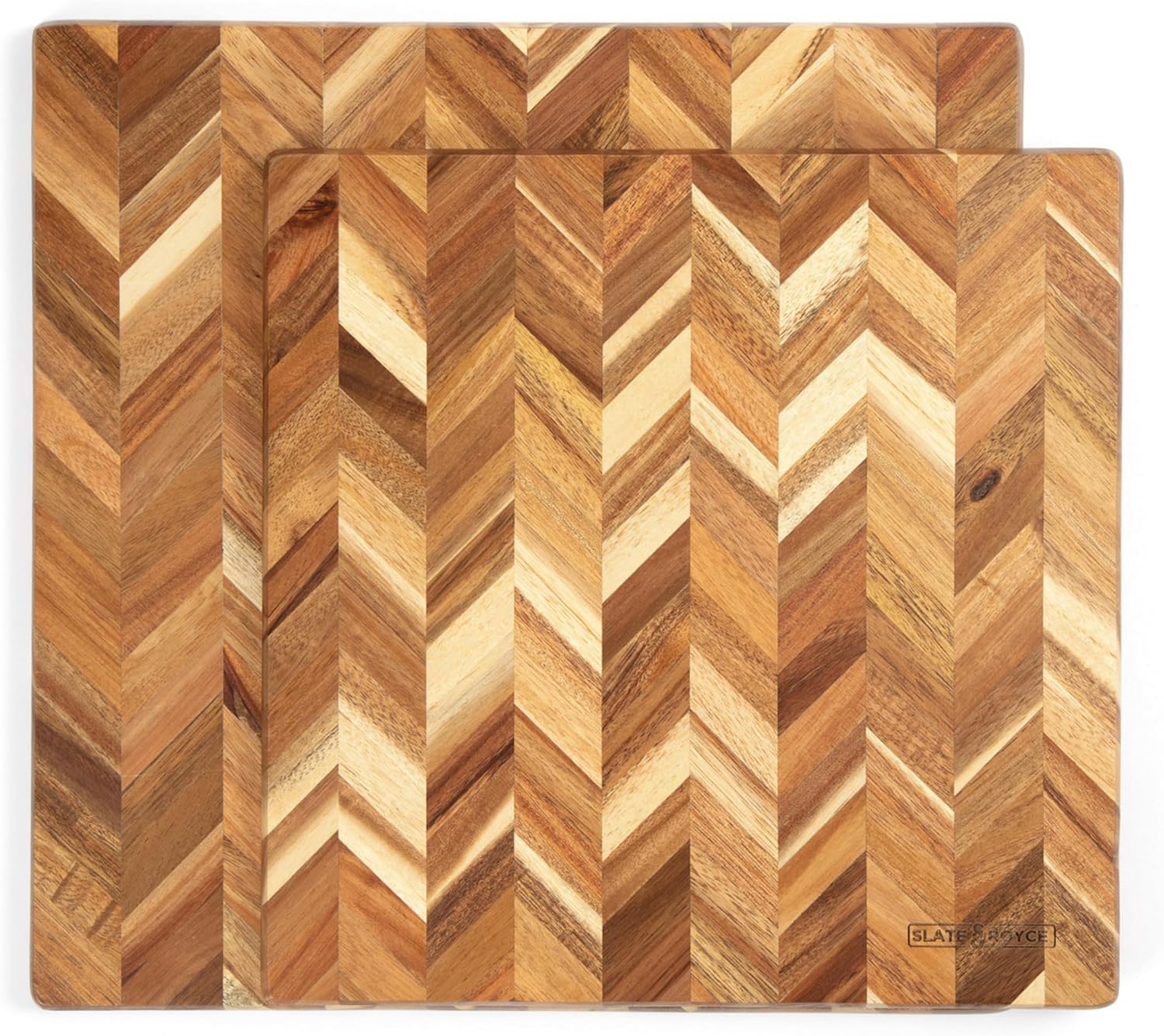 SLATE & ROYCE Herringbone Acacia Wood Cutting Board Set of 2 — Premium Wood Cutting Board & Serving Board, Non-Toxic, Kitchen Prep & Entertaining, Perfect Wedding or Housewarming Gift