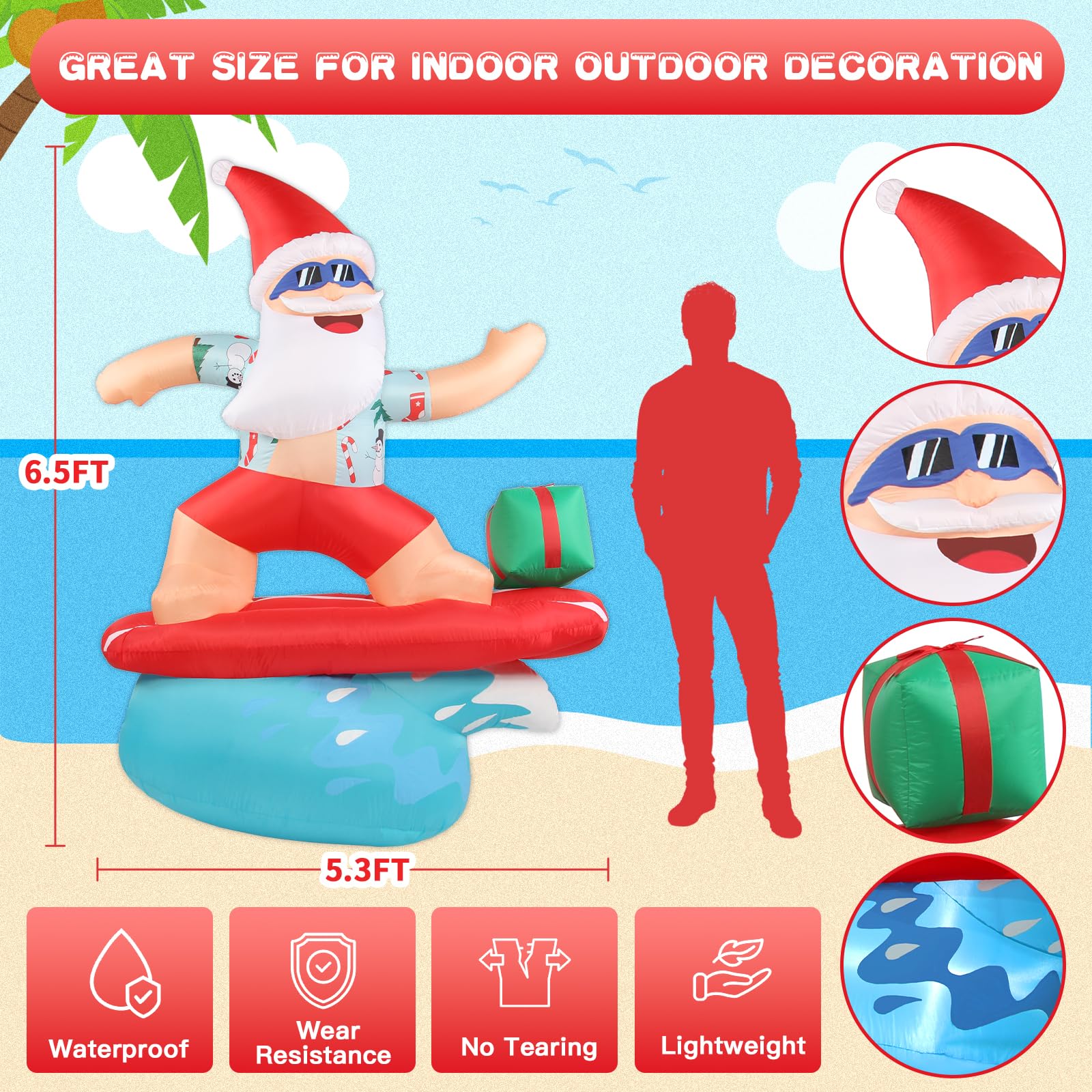 Decoraciones inflables de Navidad para exteriores, 1.8 m, gigante, para surf, Papá Noel, patio, inflables, playa tropical, luces LED, decoración para vacaciones, exteriores, césped, vacaciones