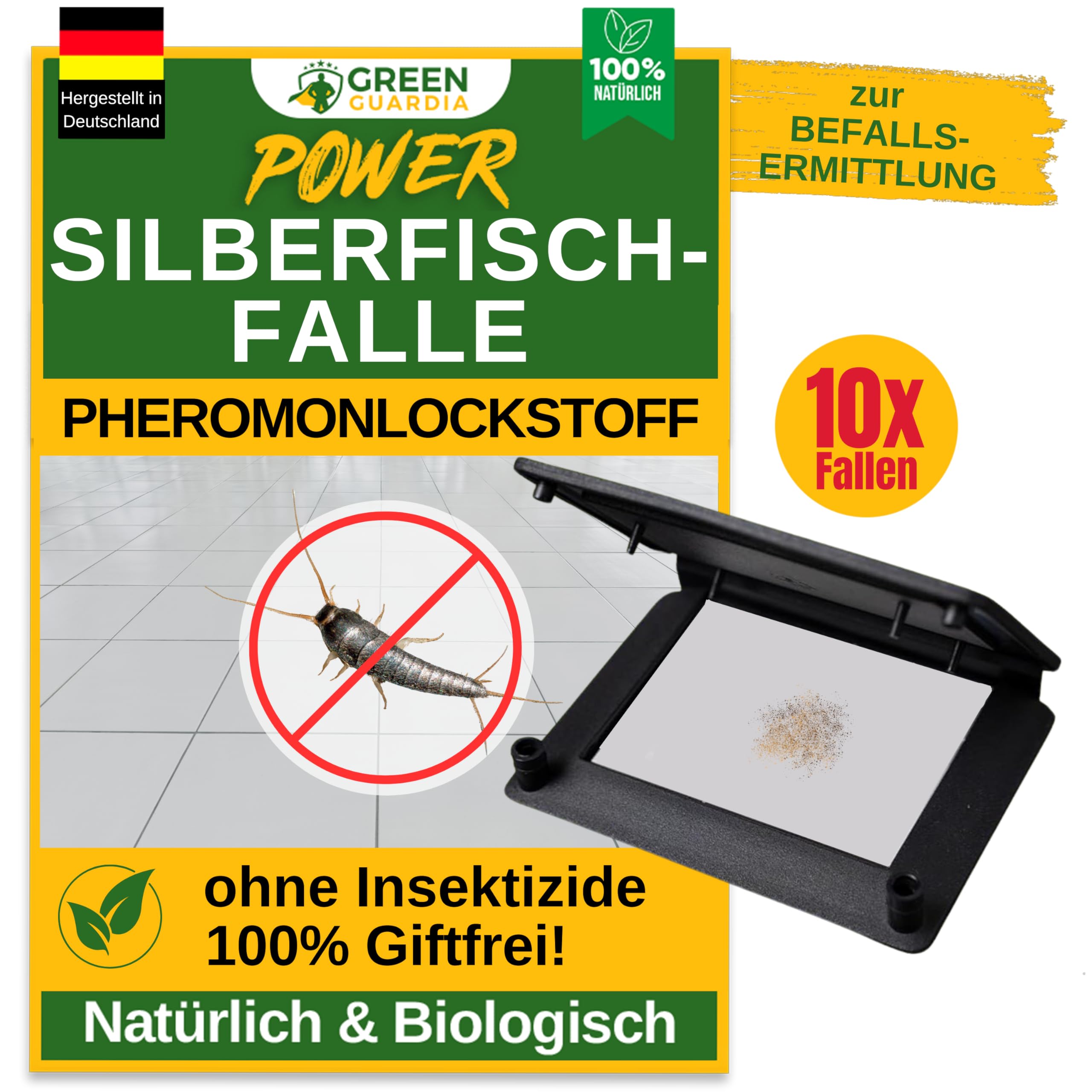 GREEN GUARDIA Silberfischfalle mit Pheromon-Lockstoff - 10x Fallen - umweltfreundlich Silberfische bekämpfen, Chemiefreie Pheromonfalle mit austauschbaren Klebeflächen, giftfrei und geruchsneutral