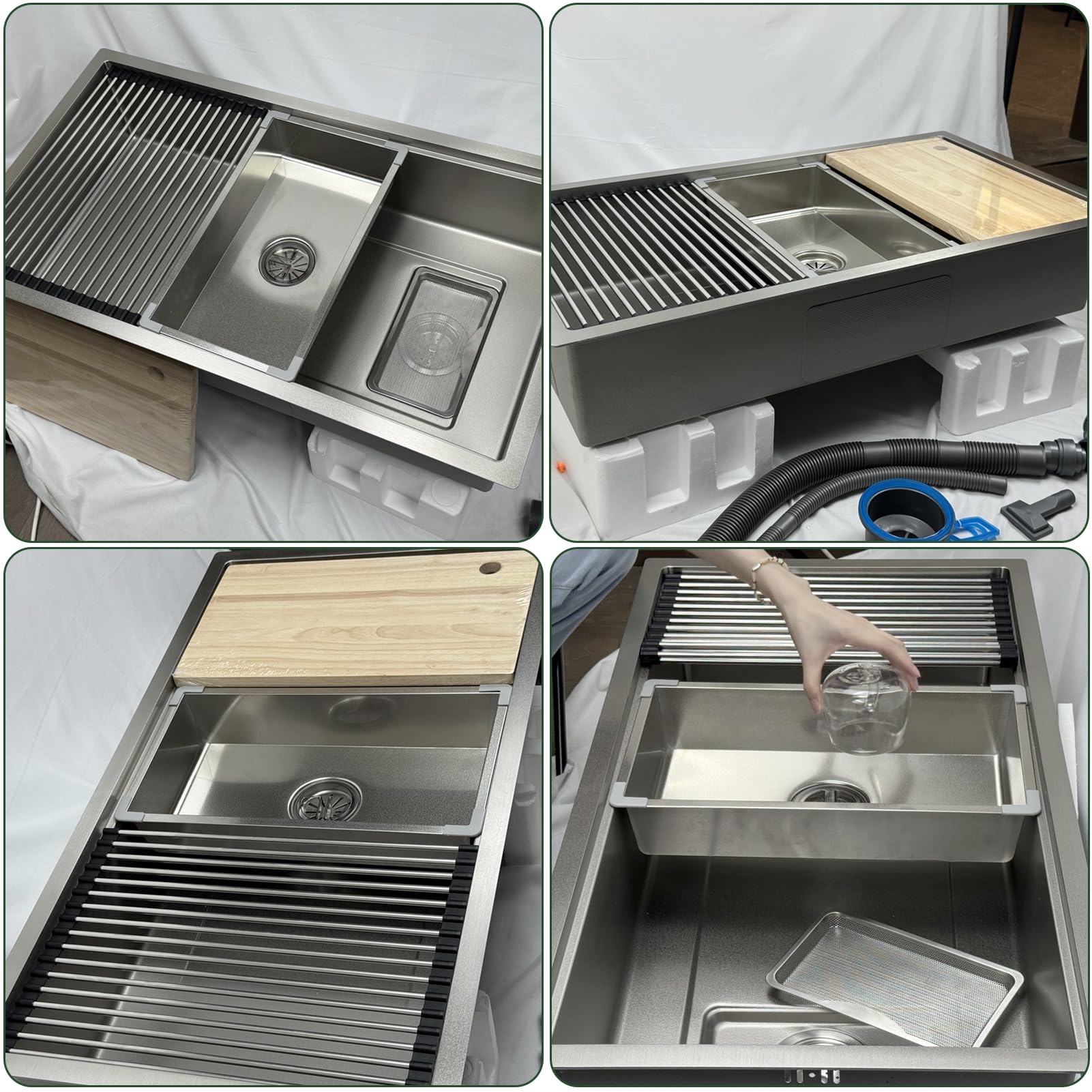 Lavello da cucina rettangolare 90 x 50 cm, in acciaio inox 304, 1 lavandino da incasso, con lavello interno di ricambio e tagliere, lavabo, moderno lavello in acciaio inox con scolapiatti e sifone