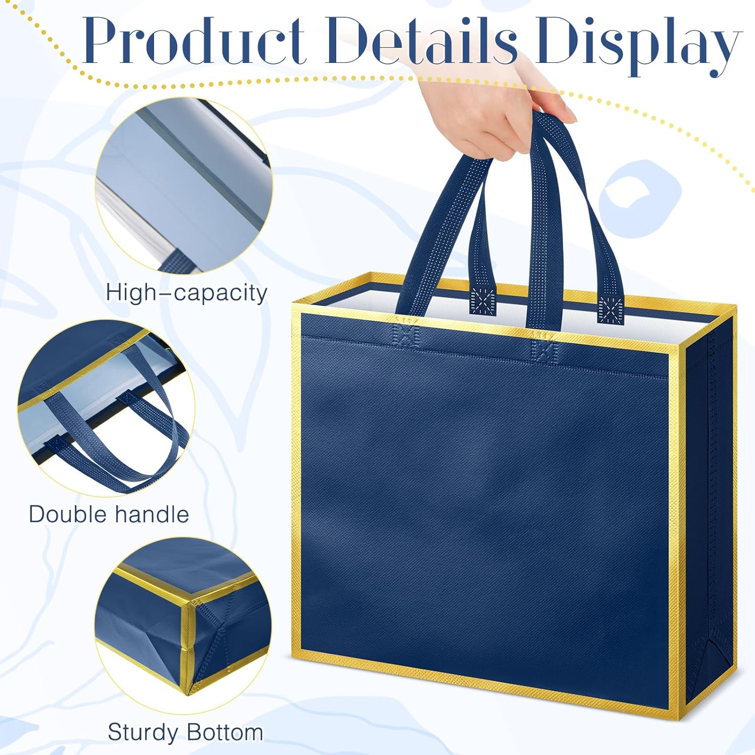 Sweetude 16 Pcs Reusable Gift Bags with Handles Valentine's Day Non Woven Reusable Goodie Gift Tote Bags for Shopping Retail Wedding Birthday Holiday Party Favor(Blue Gold,12 x 4.7 x 11 Inch) - Image 3