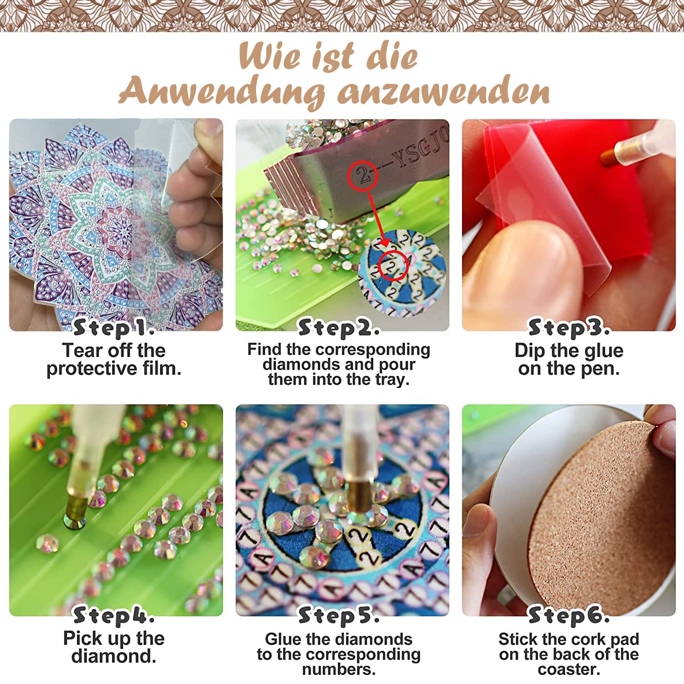 DIY Diamantmalerei-Untersetzer-Set – 8-teilig Mit Kaffeemotiv, Inkl. Werkzeug & Extra Strasssteinchen