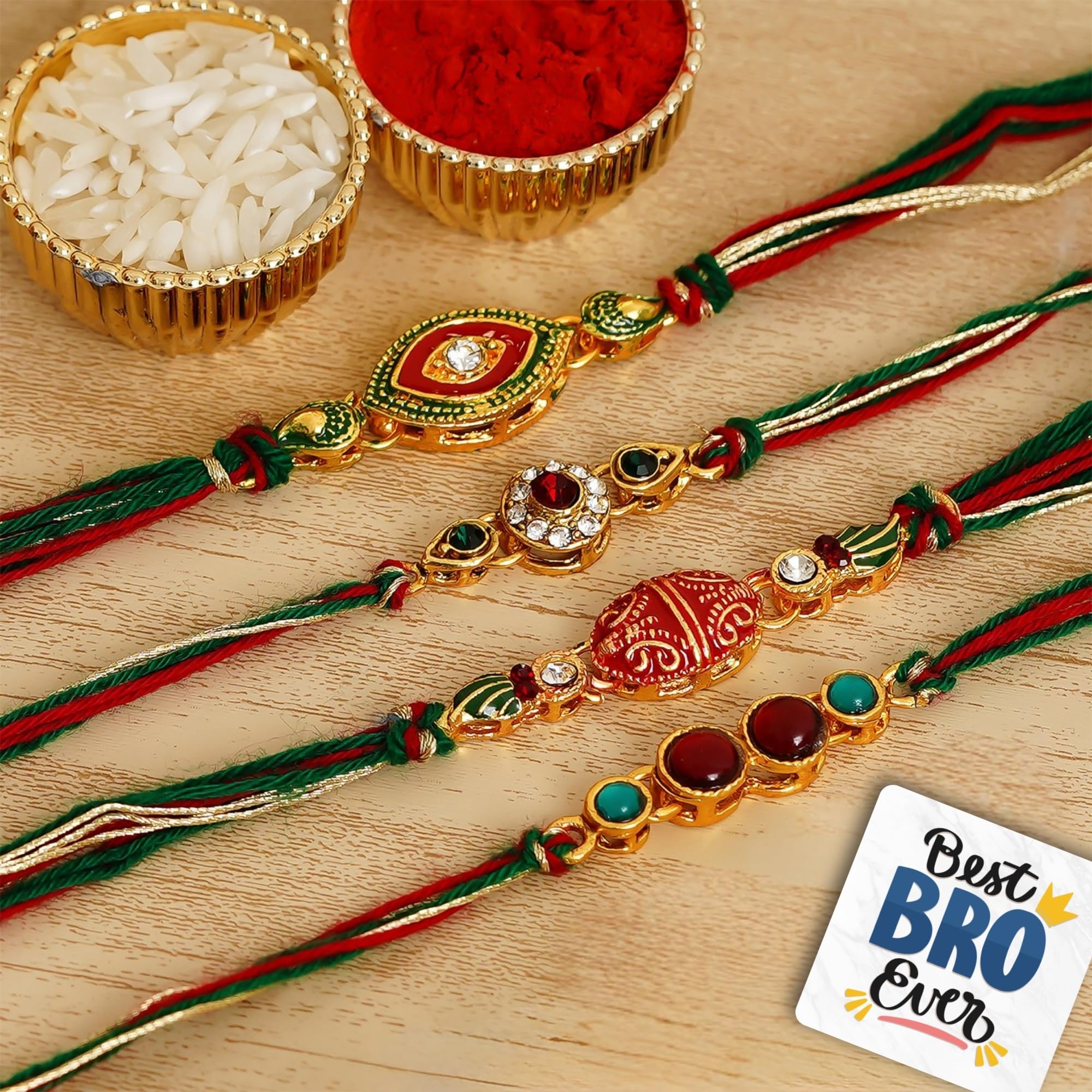 eCraftIndia Set of 4 Multicolor Kundan Designer Rakhis, Happy Rakhi Wooden Cutout with Roli Chawal Pack - Rakhi for Brother, Bhaiya, Bhai-image-48