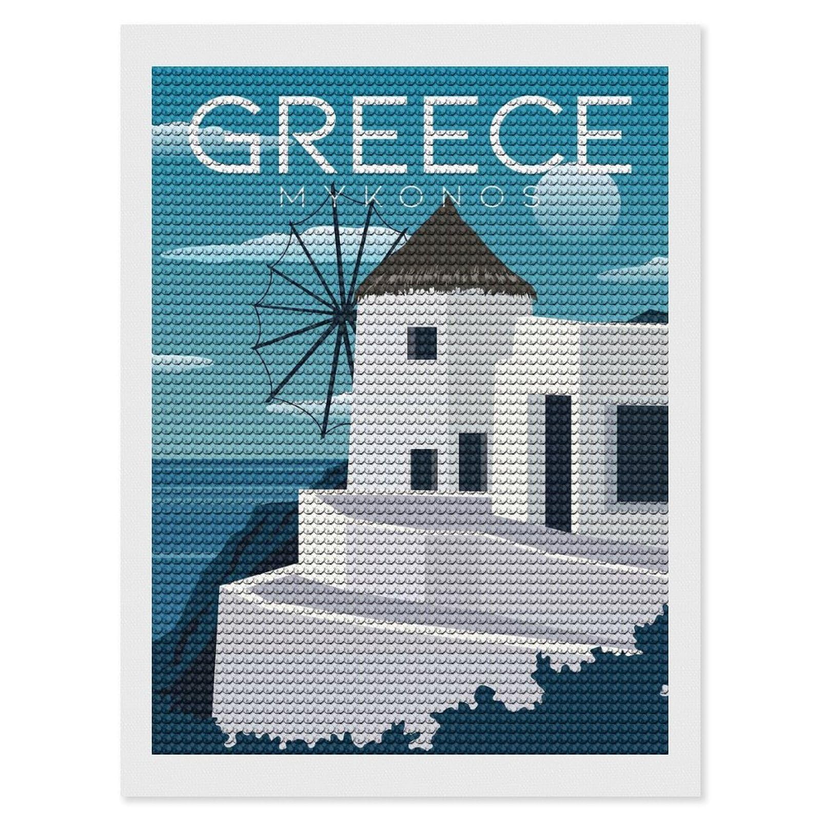 Junmoney Mykonos Windmill Greece DIY Diamond Art Canvas Kit 12"x16", Farmhouse Decor, Vintage Style Decor, Handmade Wall Decor, Canvas Picture