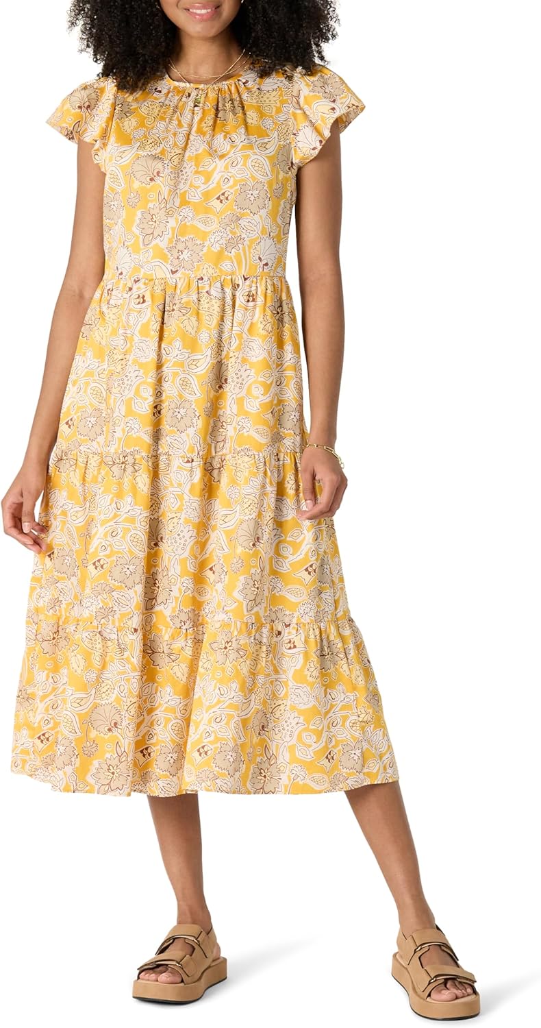 Amazon Essentials Women's Relaxed-Fit Cotton Sateen Crewneck Tiered Midi Dress