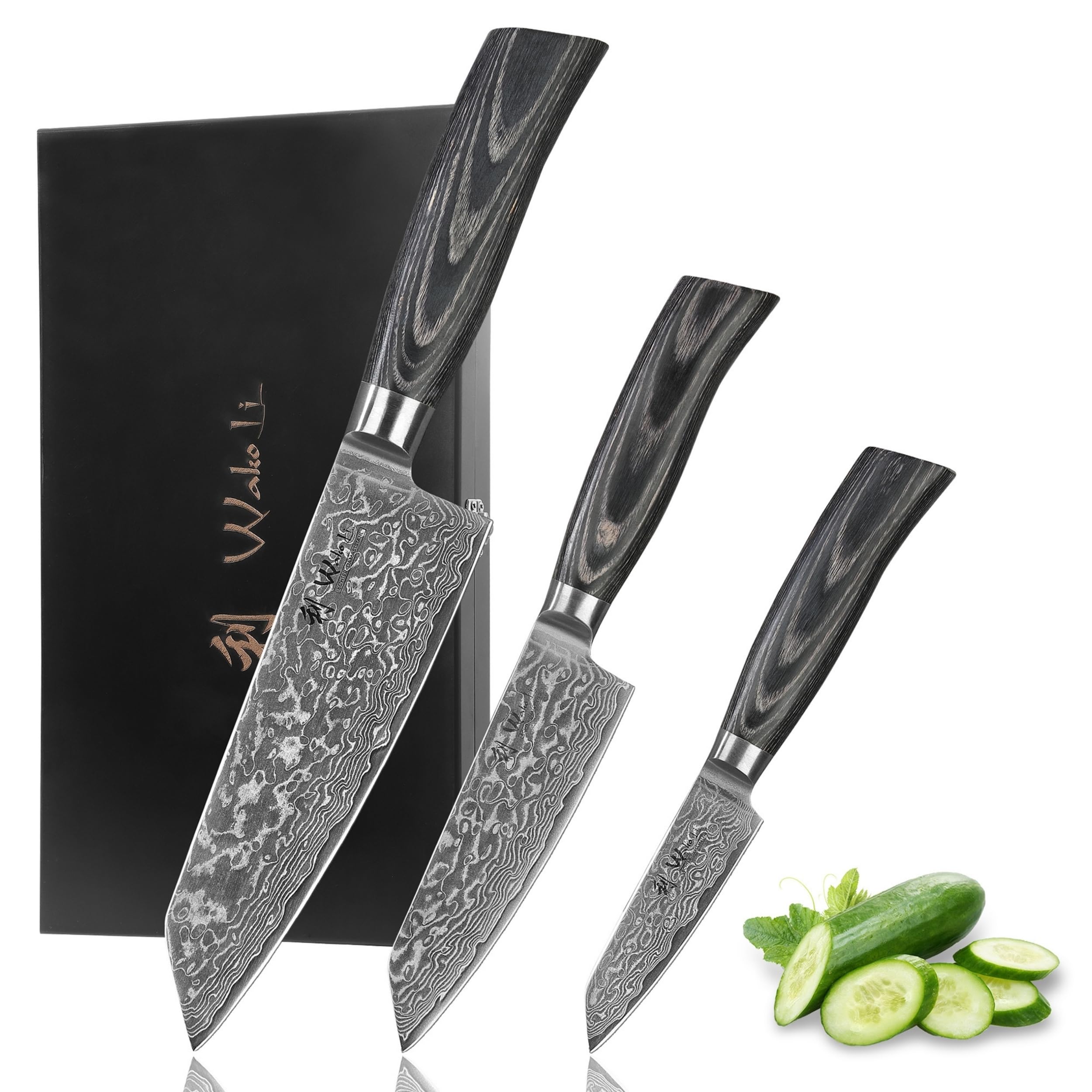 WAKOLI EDIB Pro Black Set de 3 Couteaux de Cuisine Professionnels en Damas | lames à 67 couches avec noyau VG10, manches en bois de pakka, élégant coffret cadeau en bois pour présentation et rangement