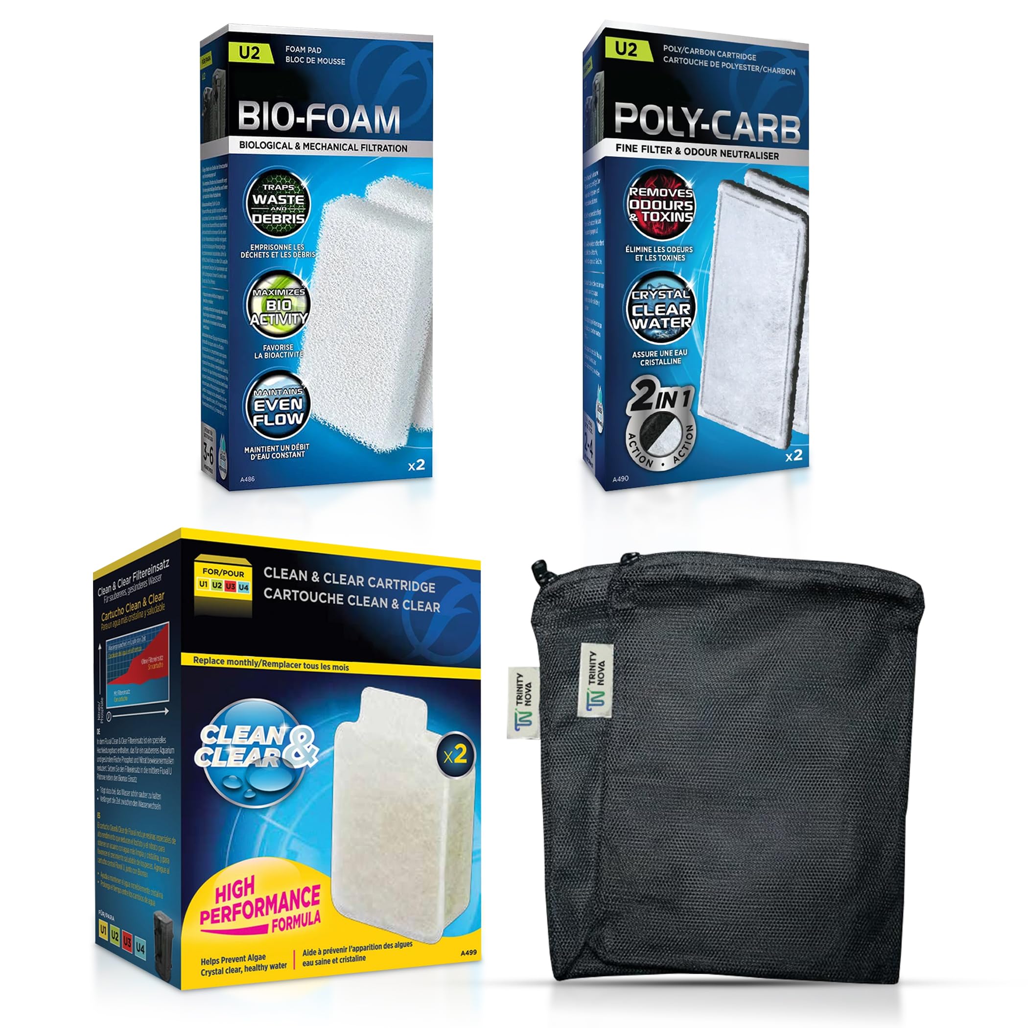 Trinity Nova U2 Underwater Maintenance & Replacement Filter Media Kit for FIuvaI including Trinity Nova Mesh Bags(U2 Poly-Carb Cartridge 2-Pack