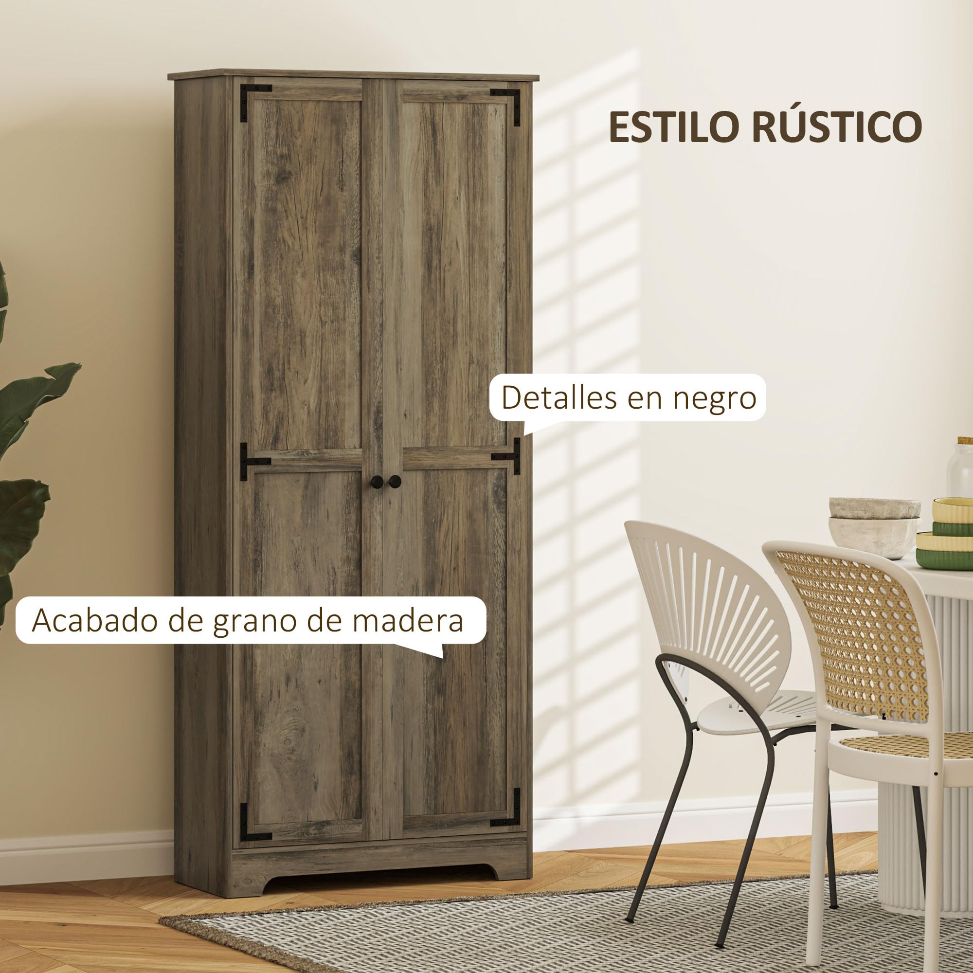 HOMCOM Alacena de Cocina Armario de Cocina Armario de Almacenaje con 2 Puertas y Estantes Ajustables para Comedor Salón 78x31,5x182 cm Marrón Grisáceo