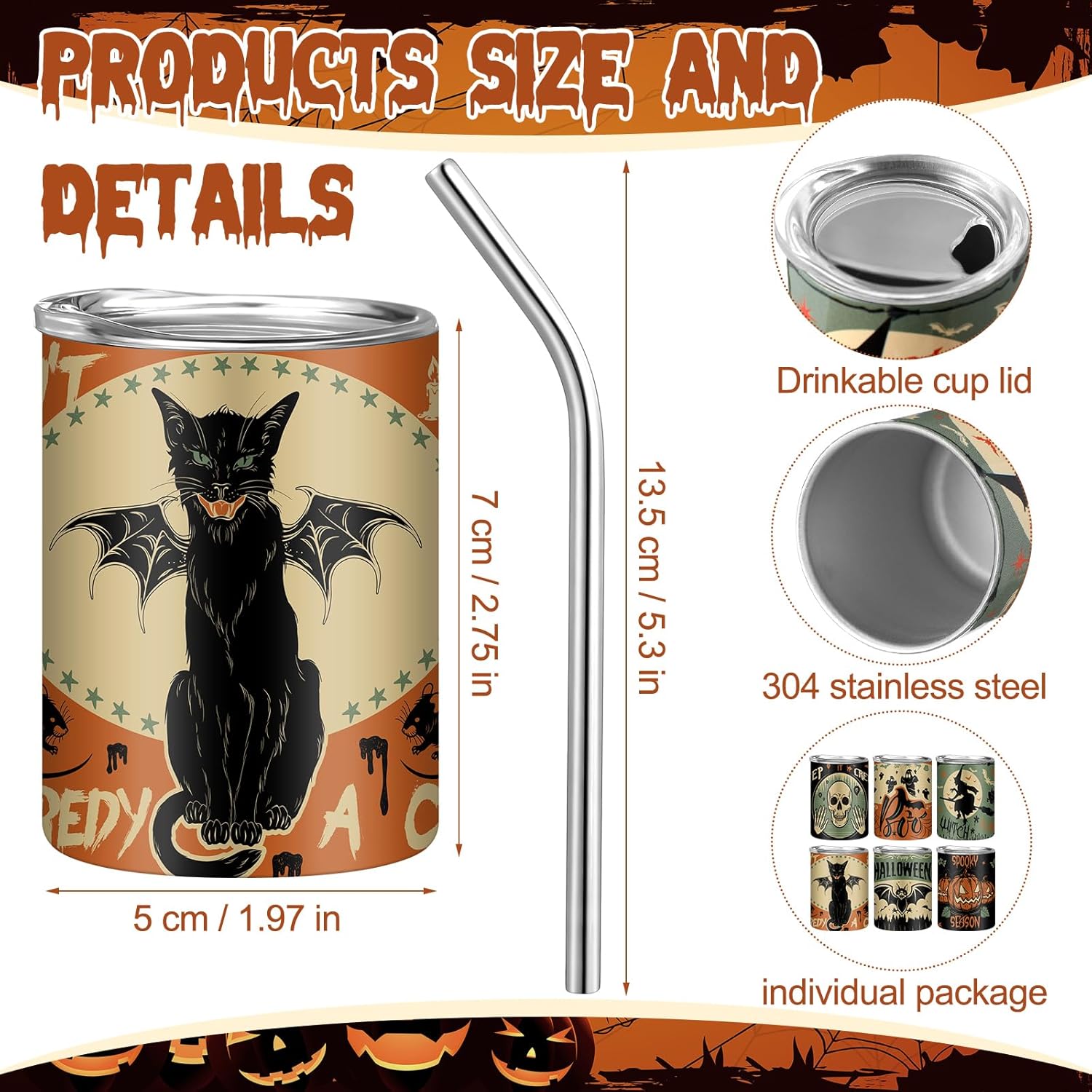 Roshtia 6 Pcs 3 oz Halloween Mini Tumblers Shot Glass with Straw and Lid Spooky Halloween Stainless Steel Tumblers Double Wall Vacuum Insulated Cups for Coffee Cocktail Hot Cocoa Bar Party Favor Gift - Image 3