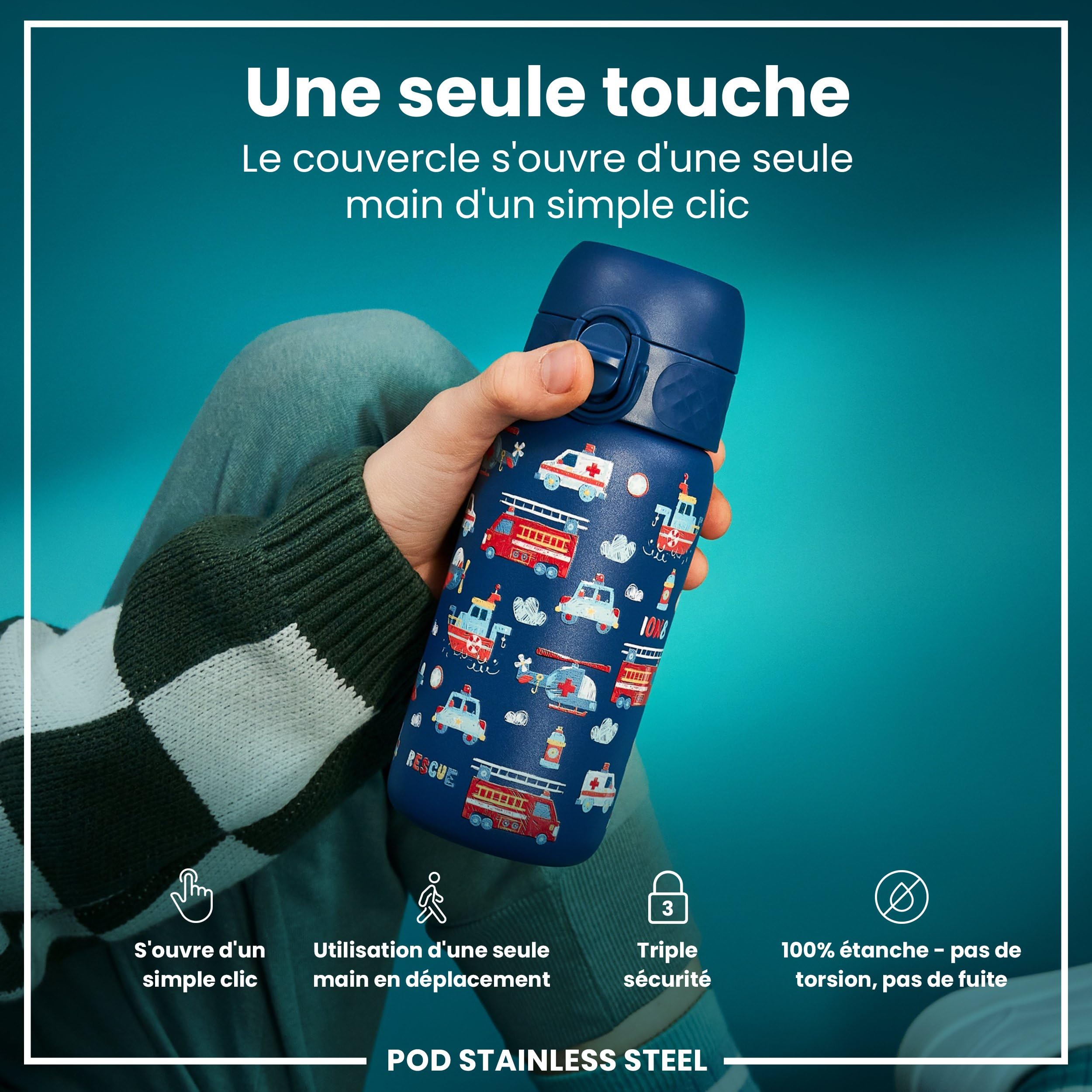 Ion8 Gourde Enfant Inox 400ml Anti-Fuite Acier Inoxydable Véhicules De Secours