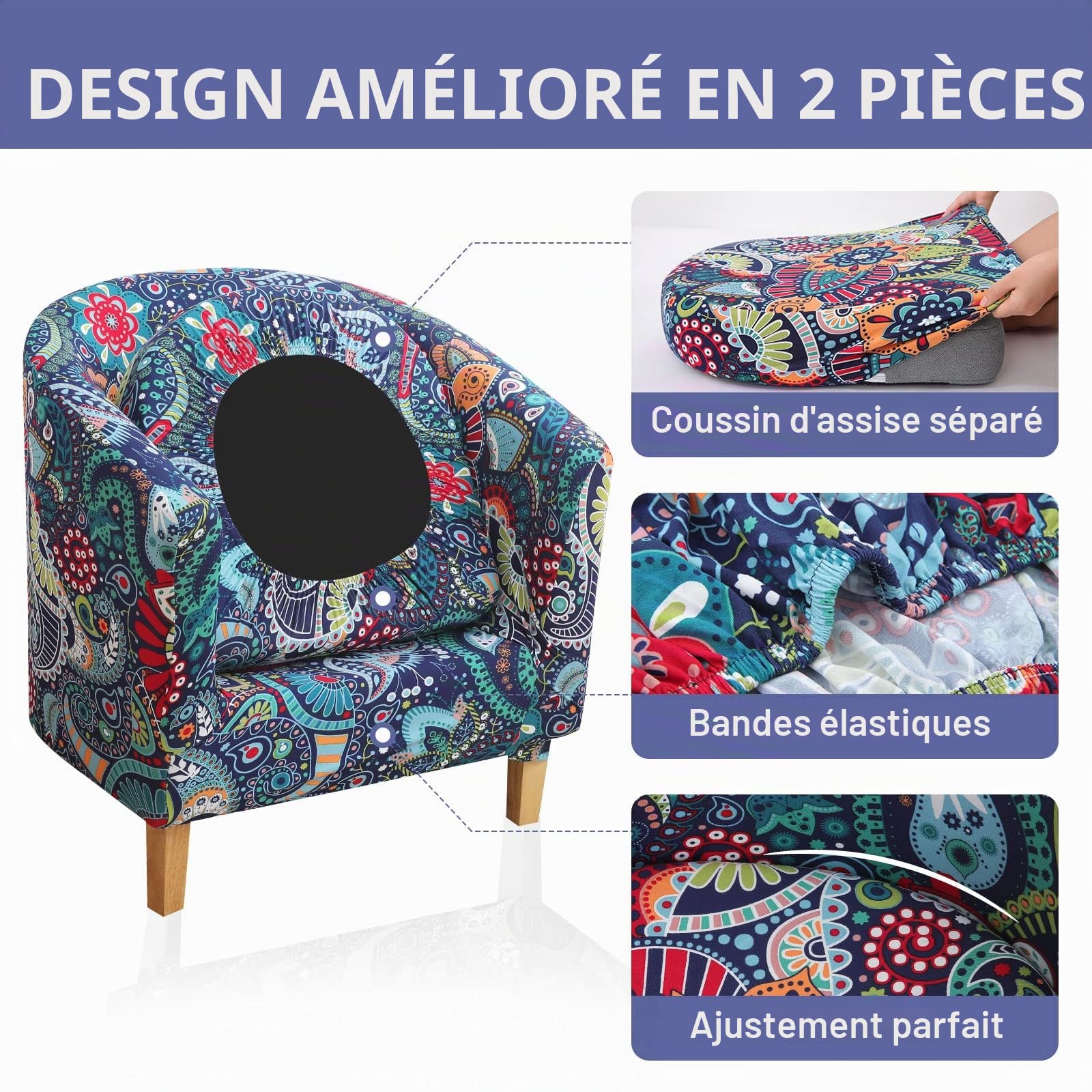 hyha Lot de 2 Housses de Fauteuil tonneau imprimées avec Housse de Coussin, Housse de Fauteuil Extensible Amovible pour IKEA Tullsta, Housse de Fauteuil, Protection de Meubles pour Salon, Bleu Vert
