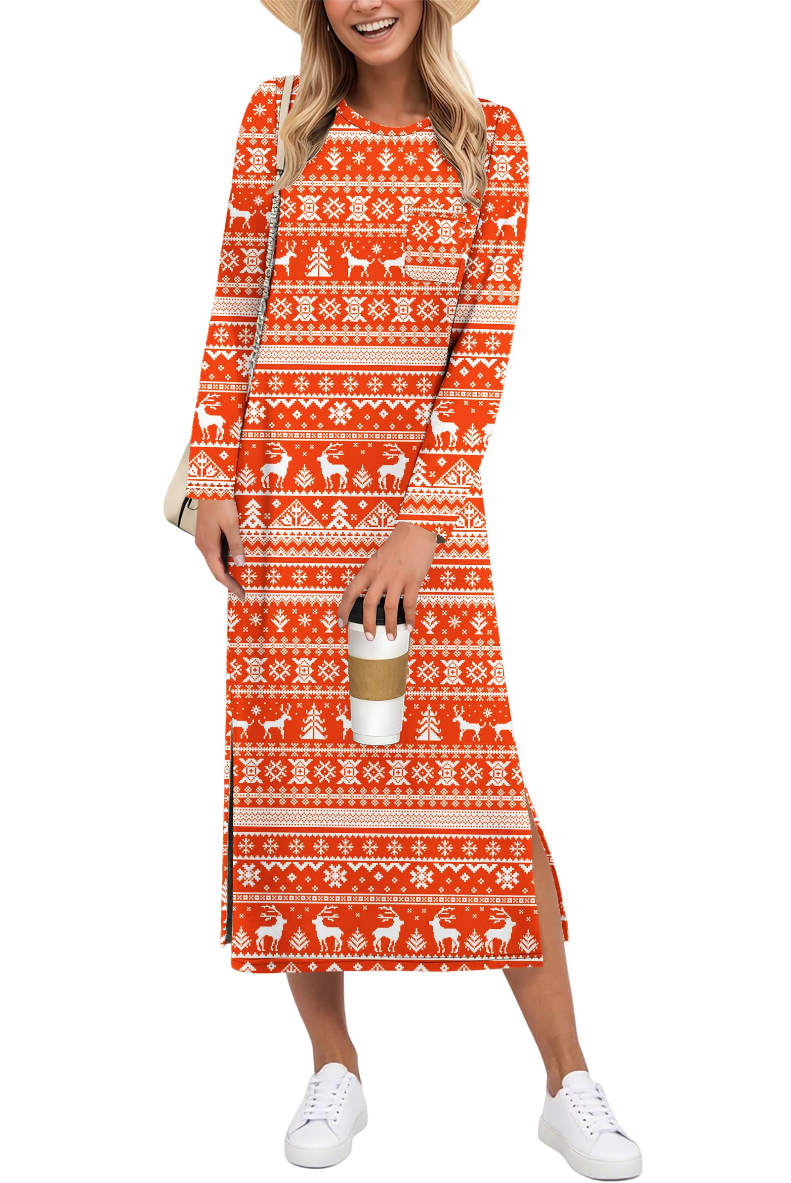AUSELILY Christmas Dress Winter Dresses for Women UK Split Loose Long Sleeve Dress Casual Ladies Dresses Christmas Deer XL