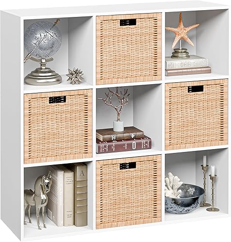 JupiterForce 9 Cube Storage Organizer, Wooden Cube Shelf W/ 5 Removable Back Panels, Customizable Cube Bookcase Bookshelf Freestanding Display Shelf