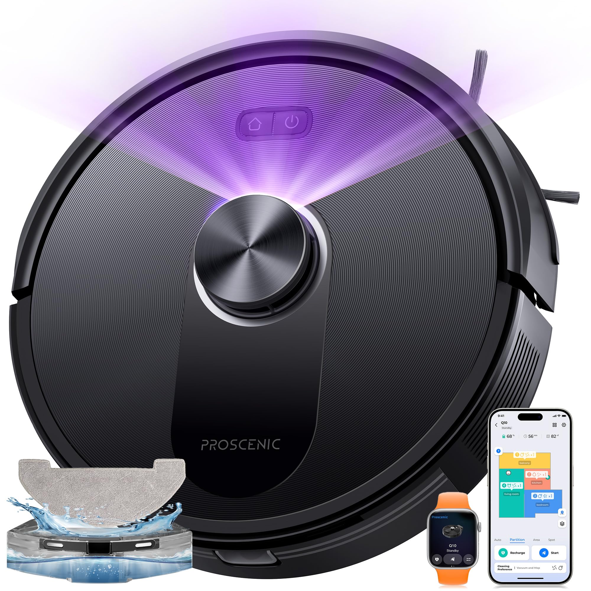 Proscenic Q10+ Robot Vacuum Cleaner with Mop, 8000Pa Strong Suction Robotic Vacuum, LiDAR Navigation, 200Mins Runtime, Smart App Control for Pet Hair, Hard Floors and Carpets