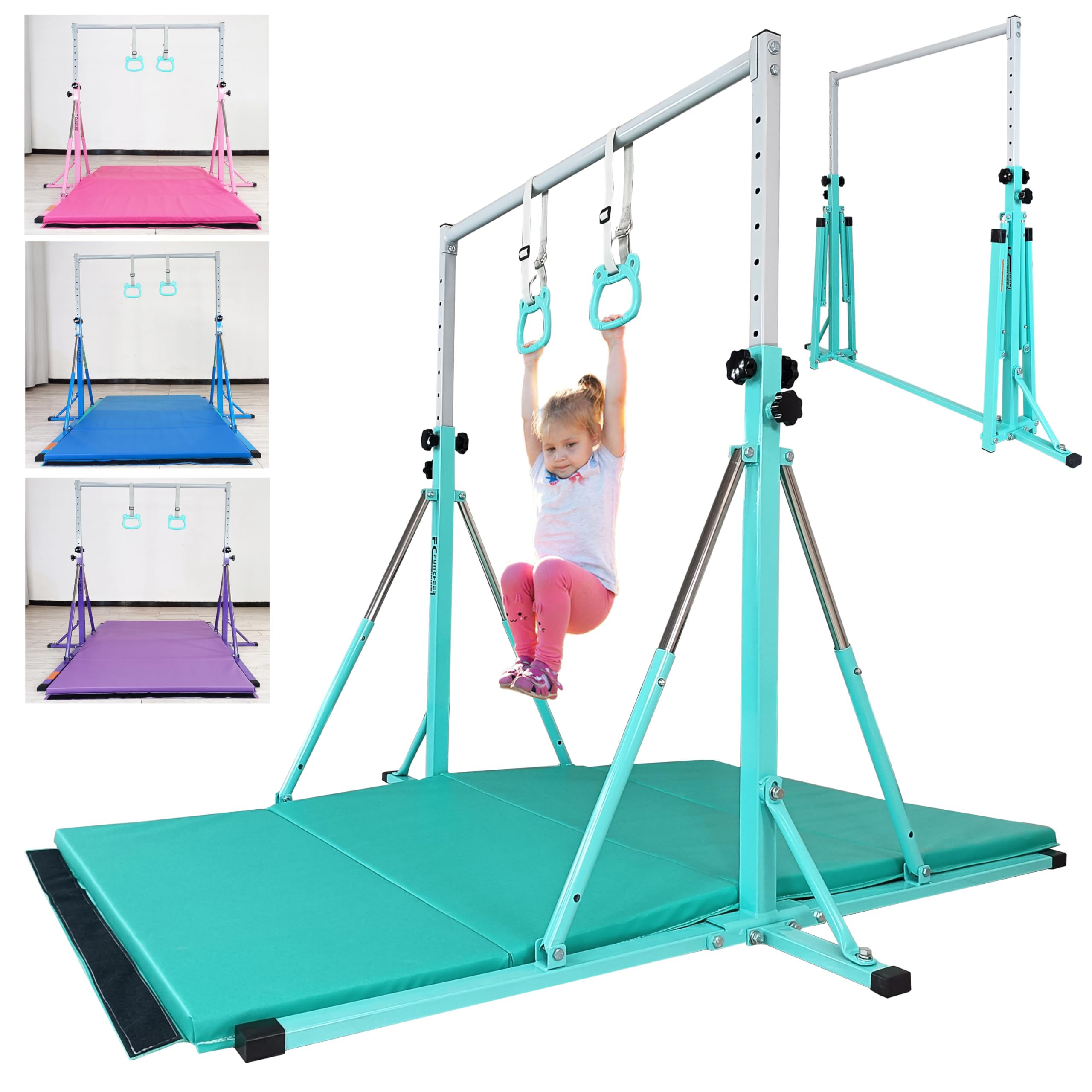 Gymnastics Bar for Kids Ages 3-12,Gymnastic kip bar, Height 3' to 5', Gym Equipment for Home,Gymnastics Rings & Swing & Mat,Foldable in Seconds-Weight Capacity 250 LBS