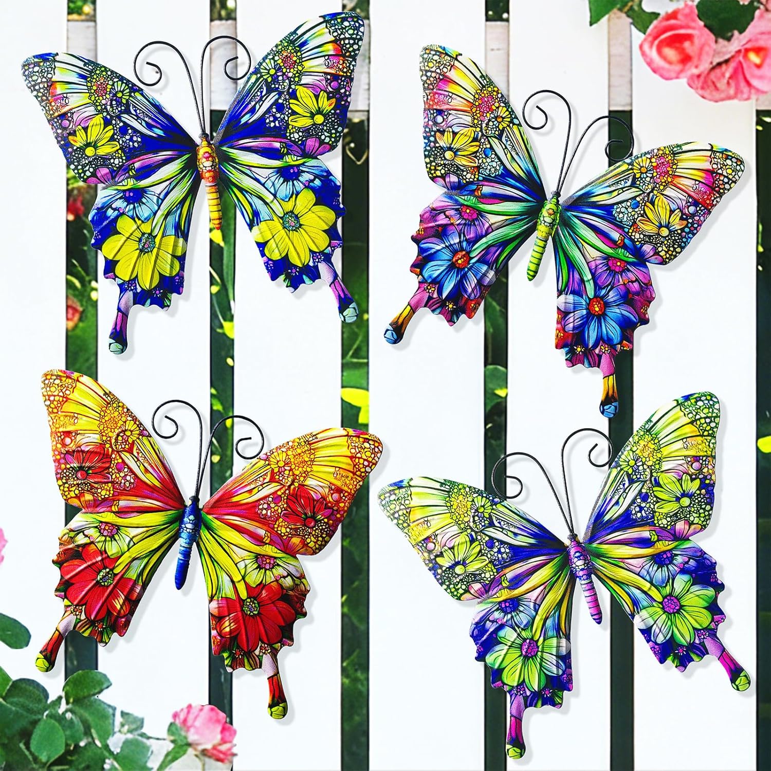 RLPZDWH Metal Butterfly Wall Decor, 9.8 Inch Outdoor Wall Art - 4 Pack Metal Butterflies Sculpture Hanging Decor for Garden, Yard, Patio, Fence, Balcony, Living Room, Bedroom