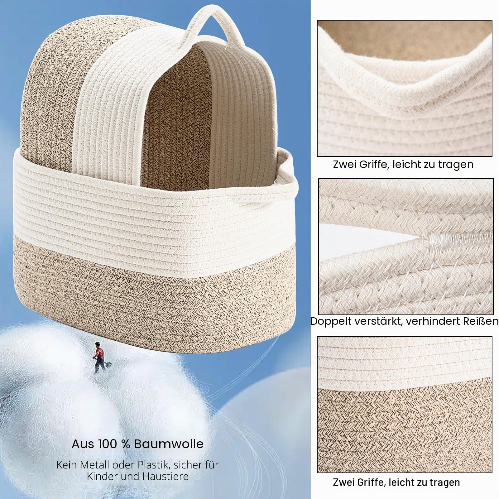 Baumwollseil gewebter Aufbewahrungskorb, verwendet für Baby Hamper Spielzeug Organizer, Geschenkkörbe leer, Kinder Wäschekorb, Baby Decke Korb. Größe 38x25x22 CM. (Weiß&Braun-3PCS)