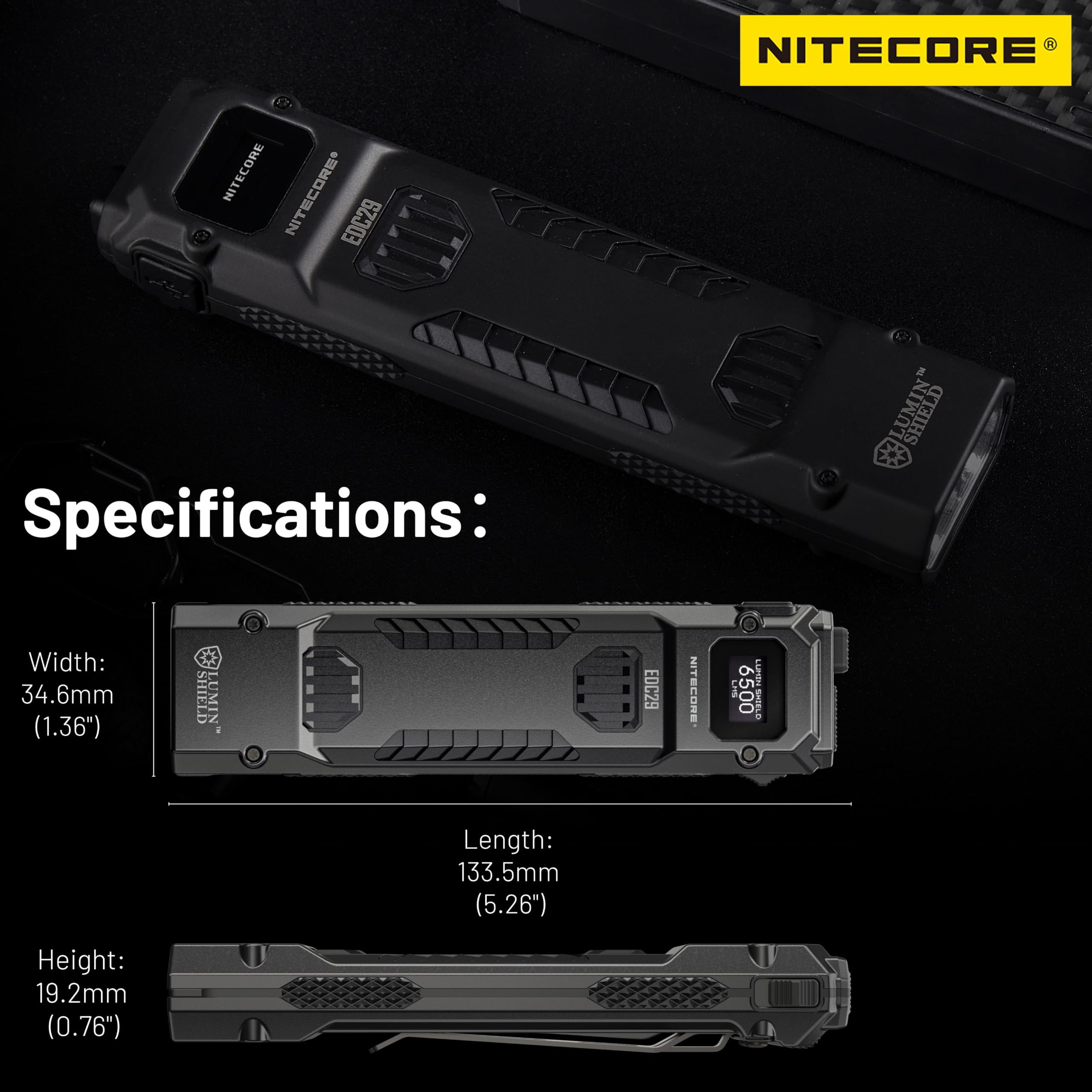 Nitecore EDC29 Lampe torche EDC ultra fine haute performance 6500 lumens avec porte-clés rétractable, Noir