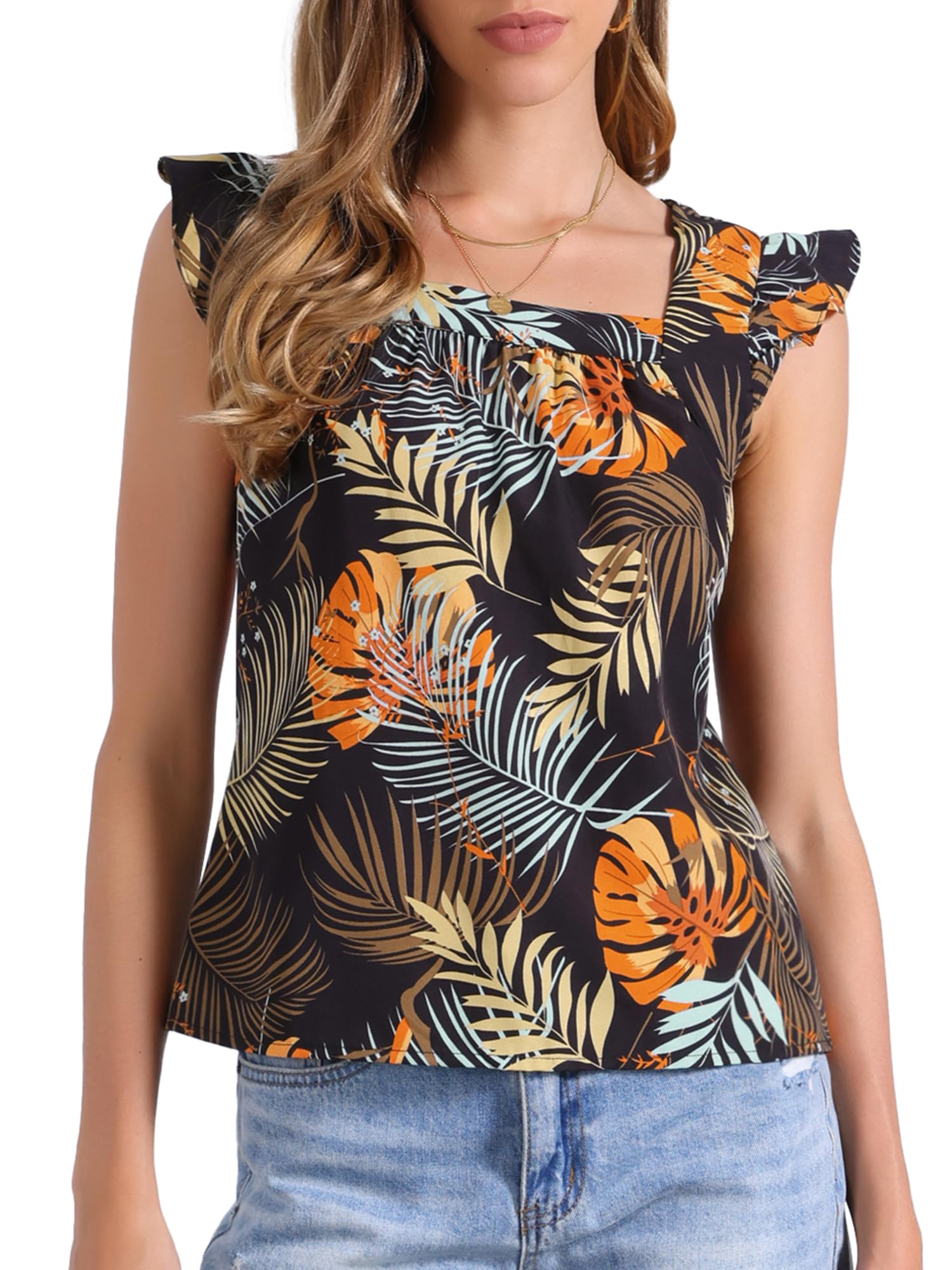 Allegra K Mujer Top sin Mangas Estampado Floral Tropical Escote Cuadrado | Diseño Casual Estampado Perfecto para Vacaciones de Verano Días de Playa Viajes y Salidas Nocturnas