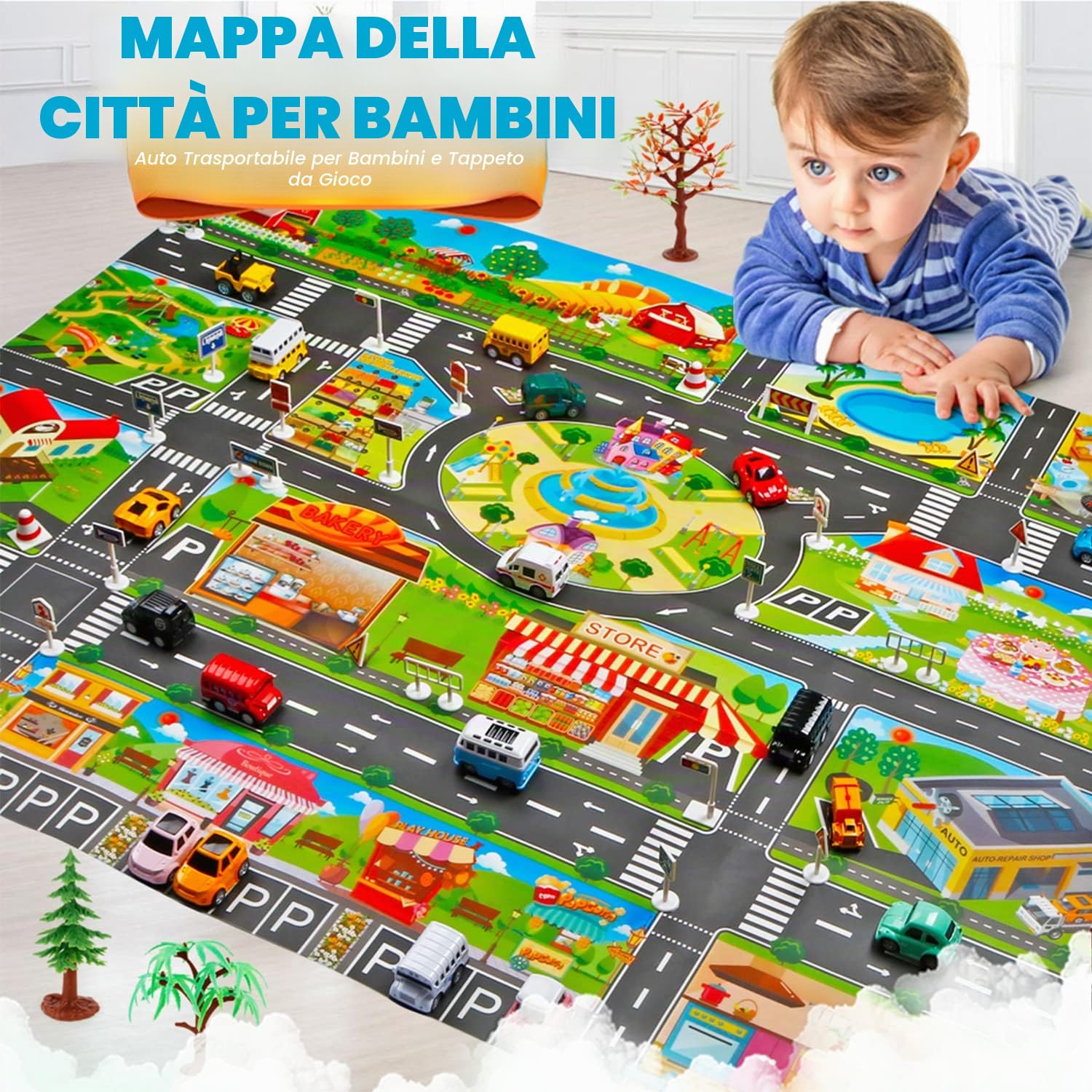 Tappeto giocattolo(39 * 51in/100 * 130cm) tappetino da gioco in PVC per bambini, tappetino da gioco in plastica impermeabile