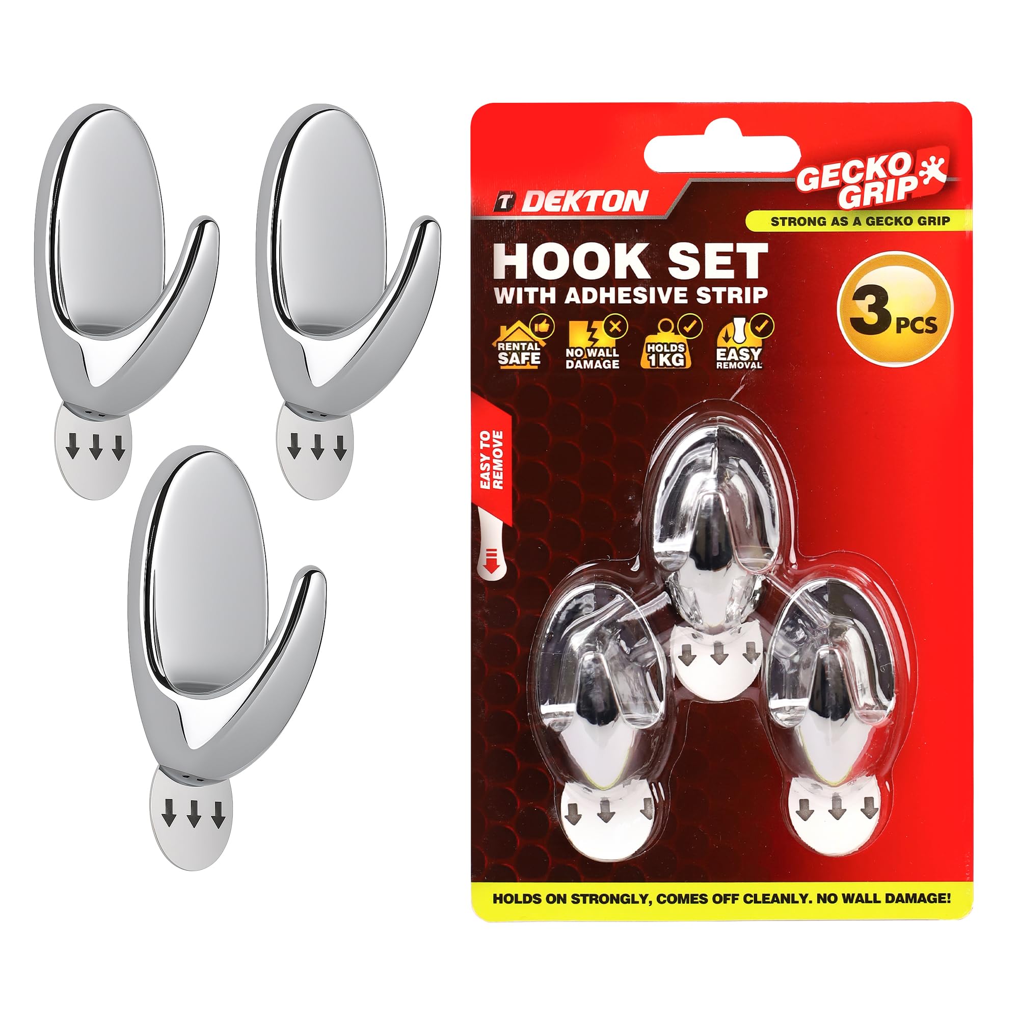 Dekton Chrome Geckogrip Hook Set 3Pc -Heavy-Duty Wall Hook| Strong Adhesive Grip| Holds Upto 10Kg| Ideal For Kitchen, Bathroom, Office| Reusable & Residue-Free| Sleek Finish| Versatile Storage