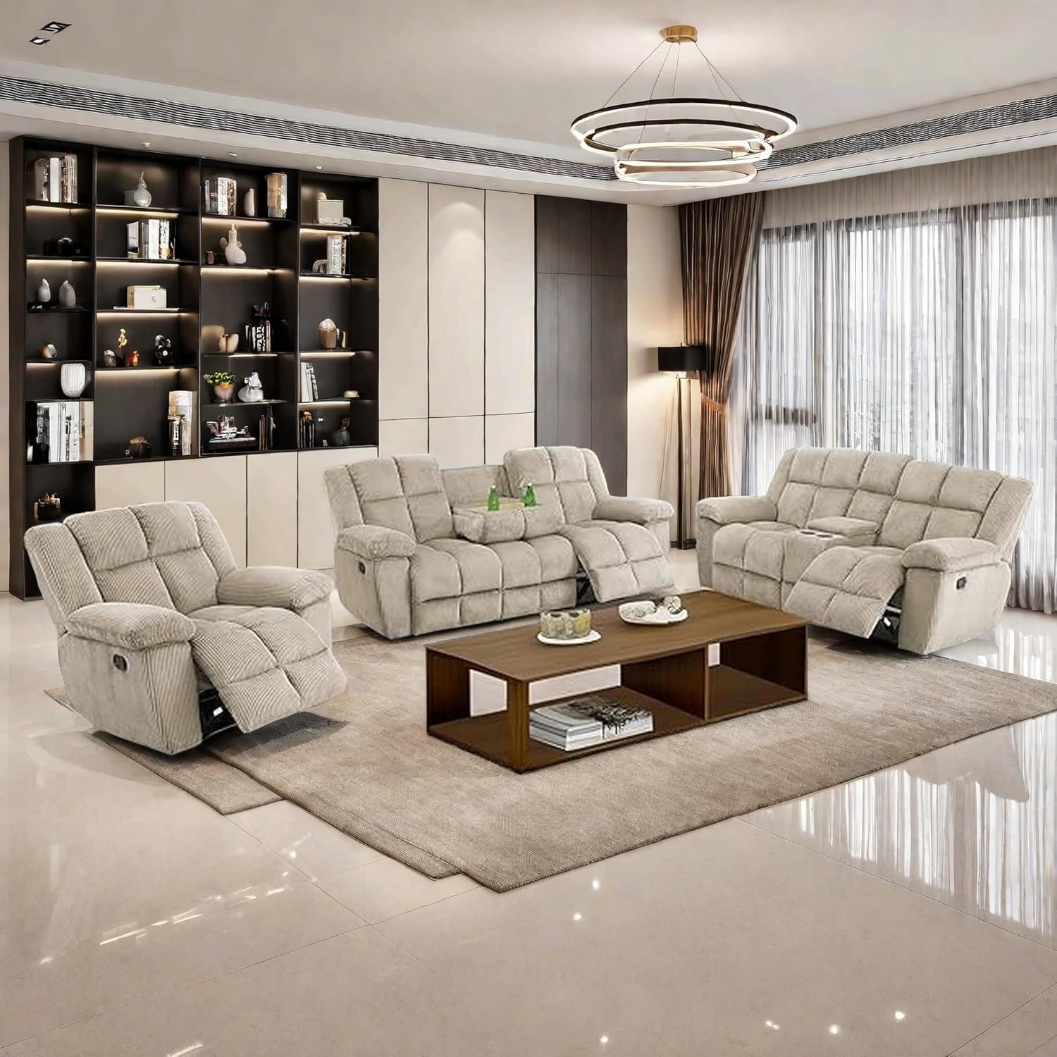Oversize Manual Corduroy Living Room Recliner Sofa Set, Corduroy Sofa Couch Set with Drop-Down Table and Cup Holder for Living Room/Apartment/Office (Beige, Sofa Loveseat Chair)