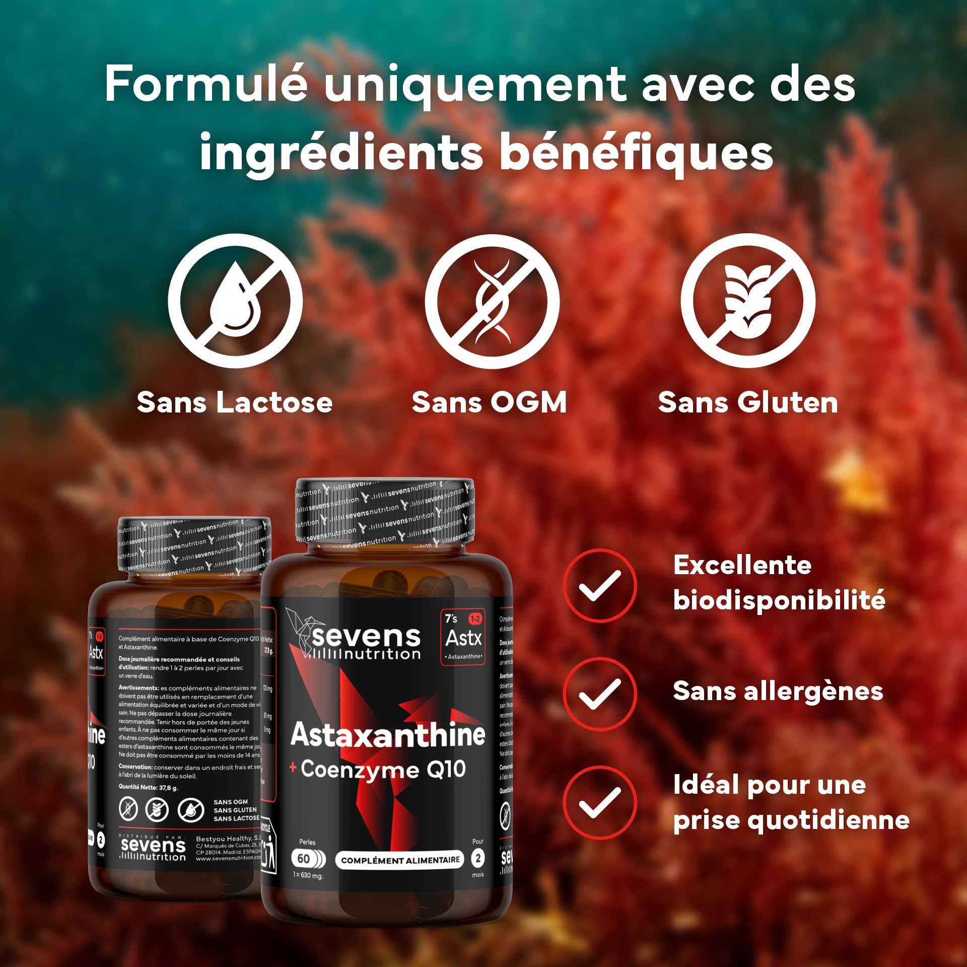 Astaxanthine Naturelle Astapure® avec Coenzyme Q10 et Huile d’Olive Vierge Extra – Antioxydants Puissants pour Yeux Peau Immunité – 60 Softgels Haute Absorption – Sevens
