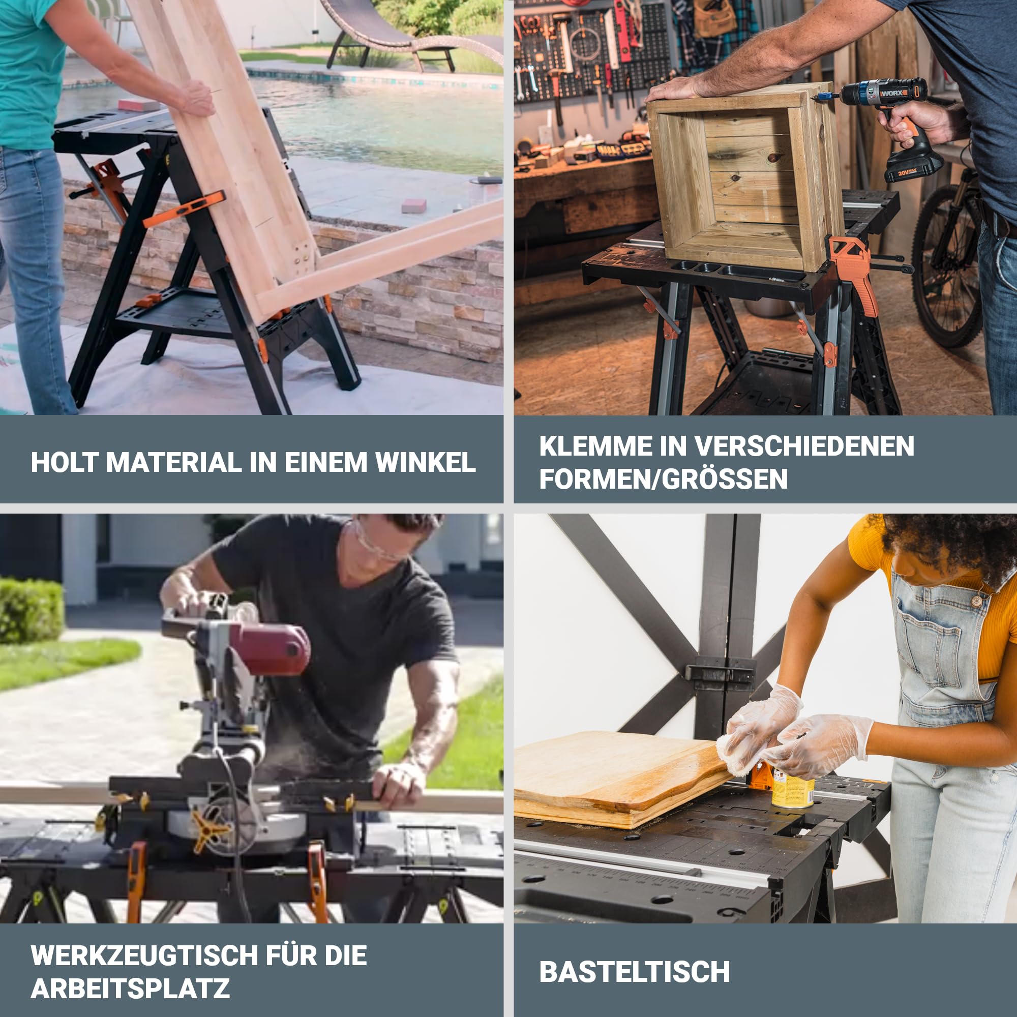 WORX PEGASUS WX051 mobile multifunktionale Werkbank - hochwertiger Arbeitstisch klappbar für die Werkstatt, max. Belastung 450kg – inkl. Schnellklemmvorrichtung – hohe Stabilität & große Arbeitsfläche
