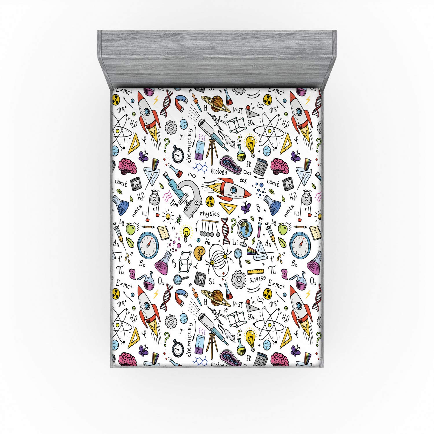 Ambesonne Science Fitted Sheet, Science Pattern Formulas Laboratory Elements Physics Mathematics, Bed Cover with All-Round Elastic Deep Pocket for Comfort, California King, Multicolor