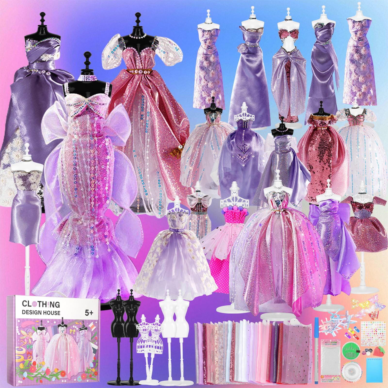 YOCOLE 1500+ Modedesign Mädchen, Fashion Design Basteln Nähset Set mit 6 Mannequins, DIY-Art-Kit Geburtstag Kreativ Bastelset für kinder 8-12 Jahre, Weihnachts/Neujahrsgeschenk für Mädchen