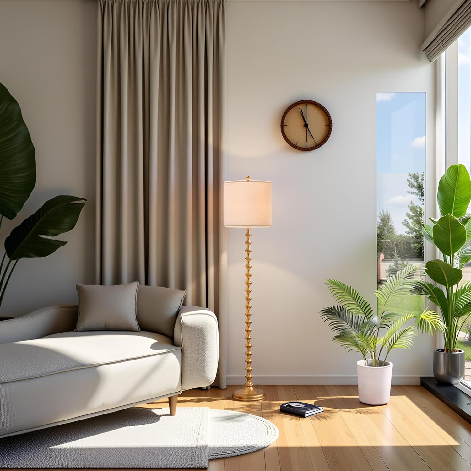 64.5" Gold Floor Lamp, Mid-Century Modern Floor Lamp for Living Room & Bedroom with White Drum Shade