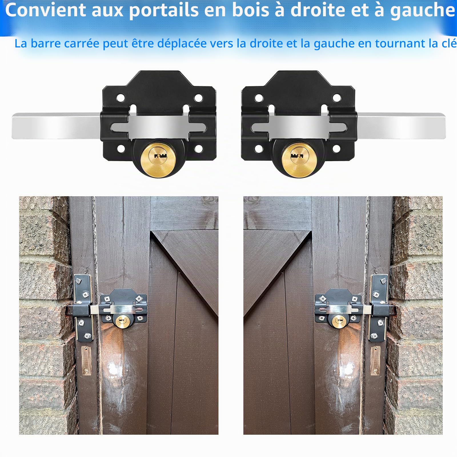 Serrure à mortaise Long Throw Gate Long, 70mm, pour porte et portail en bois, verrouillage des deux côtés, 5 clés