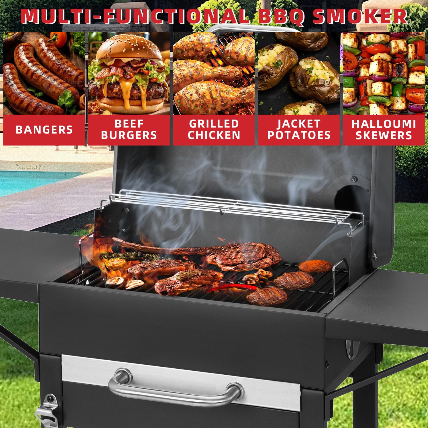 Holzkohlegrill Groß mit Deckel und Gusseisen Grillrost – Edelstahl Grillwagen für Outdoor Garten, Camping BBQ & Smoker
