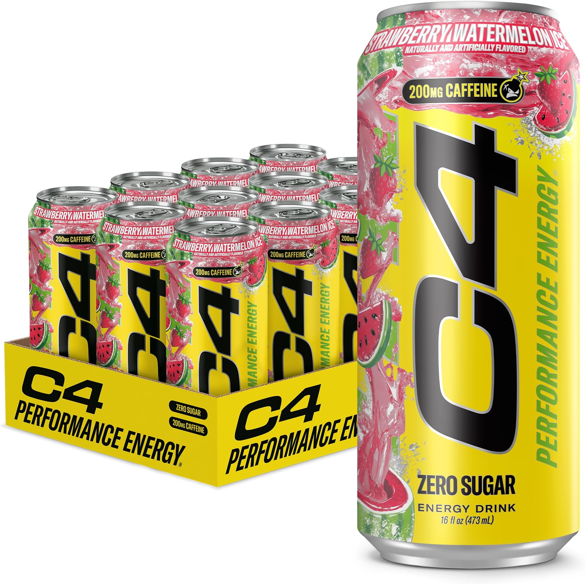 Cellucor C4 Energy Carbonated Zero Sugar Energy Drink, Pre Workout Drink + Beta Alanine - Strawberry Watermelon Ice - 16 FL OZ (473 ml) - Pack of 12 (Packaging May Vary) | Strawberry watermelon ice flavor with 200mg caffeine, beta-alanine & BetaPower betaine for explosive energy and performance.
