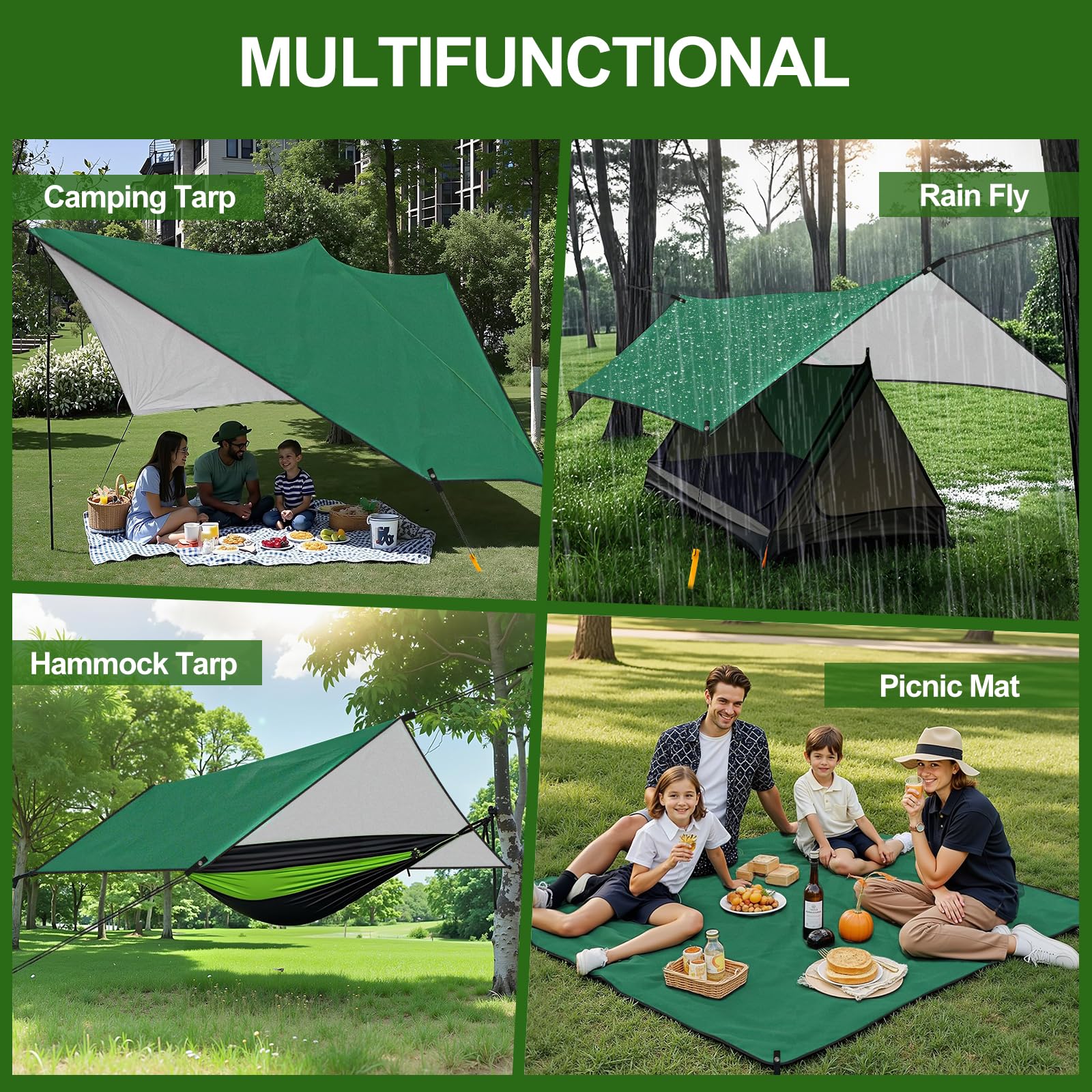 Rhino Valley Bâche de Camping Imperméable, 3x3M Grand Abri Extérieur avec Cordes Légères, Abri Léger Portatif Taud de Pluie Taud de Camping pour Randonnée Voyage Sac à Dos, Vert