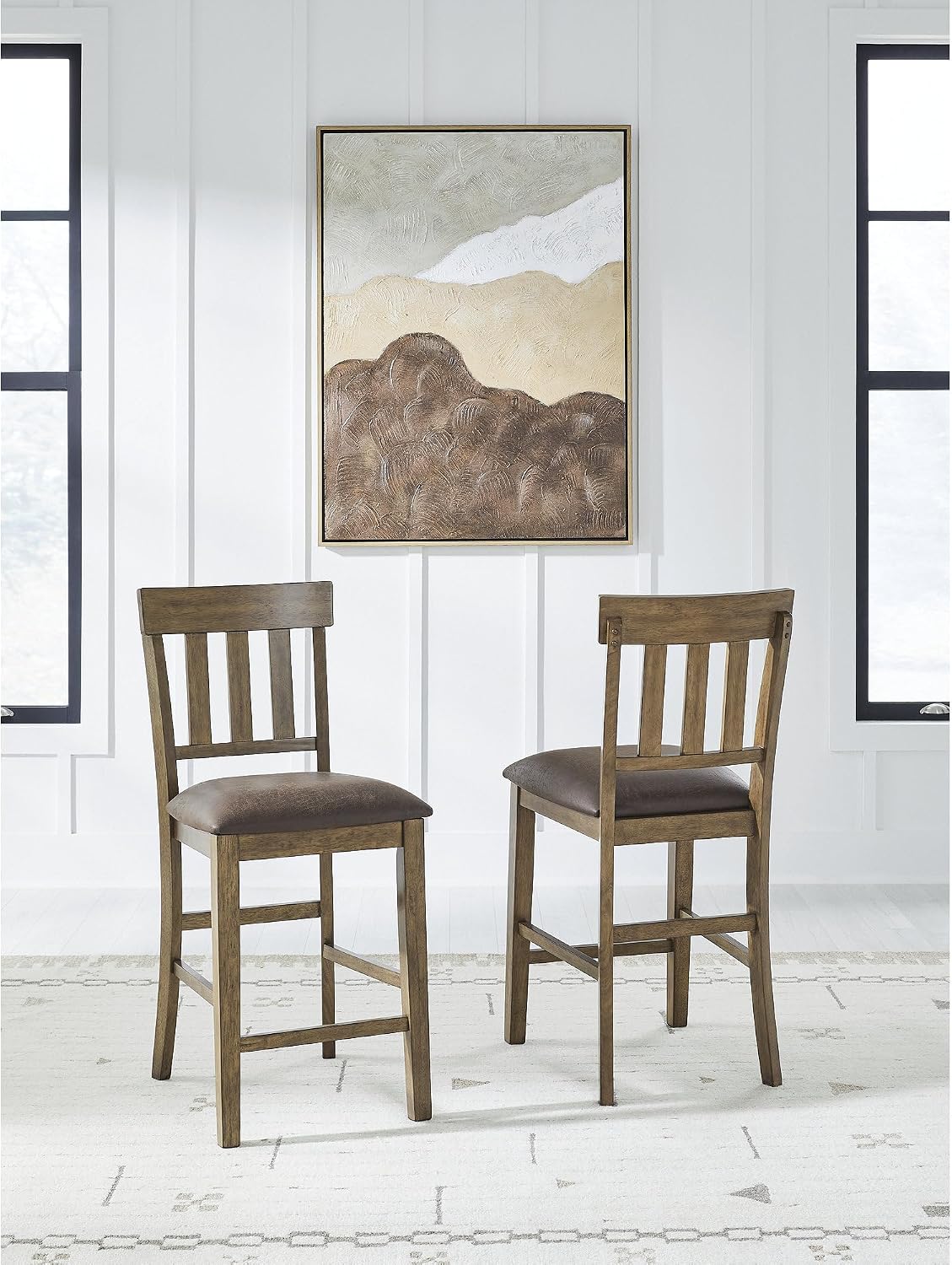 Signature Design by Ashley Wood Counter Height Bar Stools, Set of 2, Brown | Wipeable faux leather seat on sturdy wood frame, Farmhouse style ideal for 35-37 in kitchen islands, Vallister Series