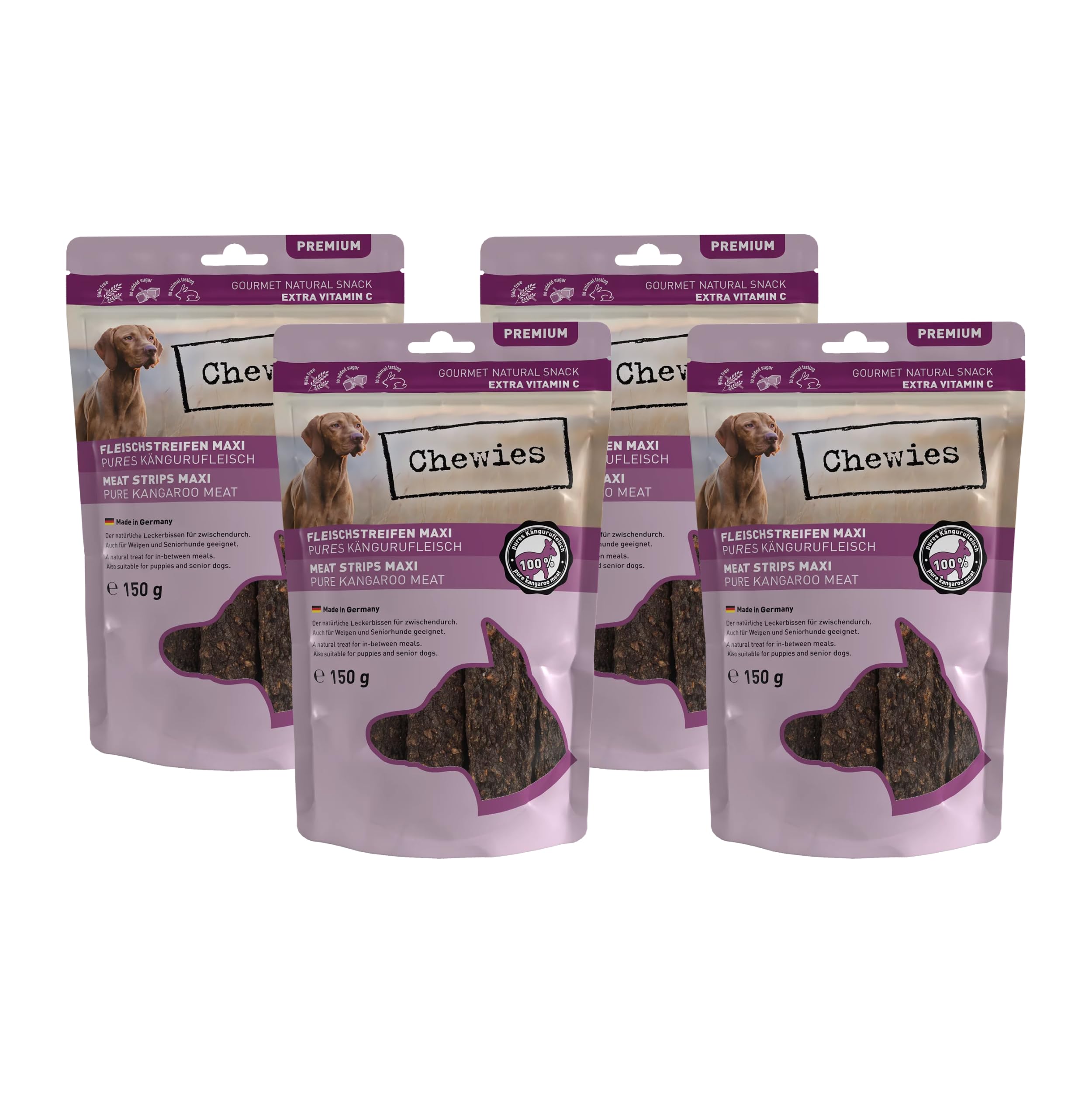 Chewies Paski mięsne Maxi przysmaki dla psa, wykonane w 100% z mięsa kangura, 4 x 150 g, suszone na powietrzu paski kangur dla psów, bez cukru i zbóż, suszone mięso kangura