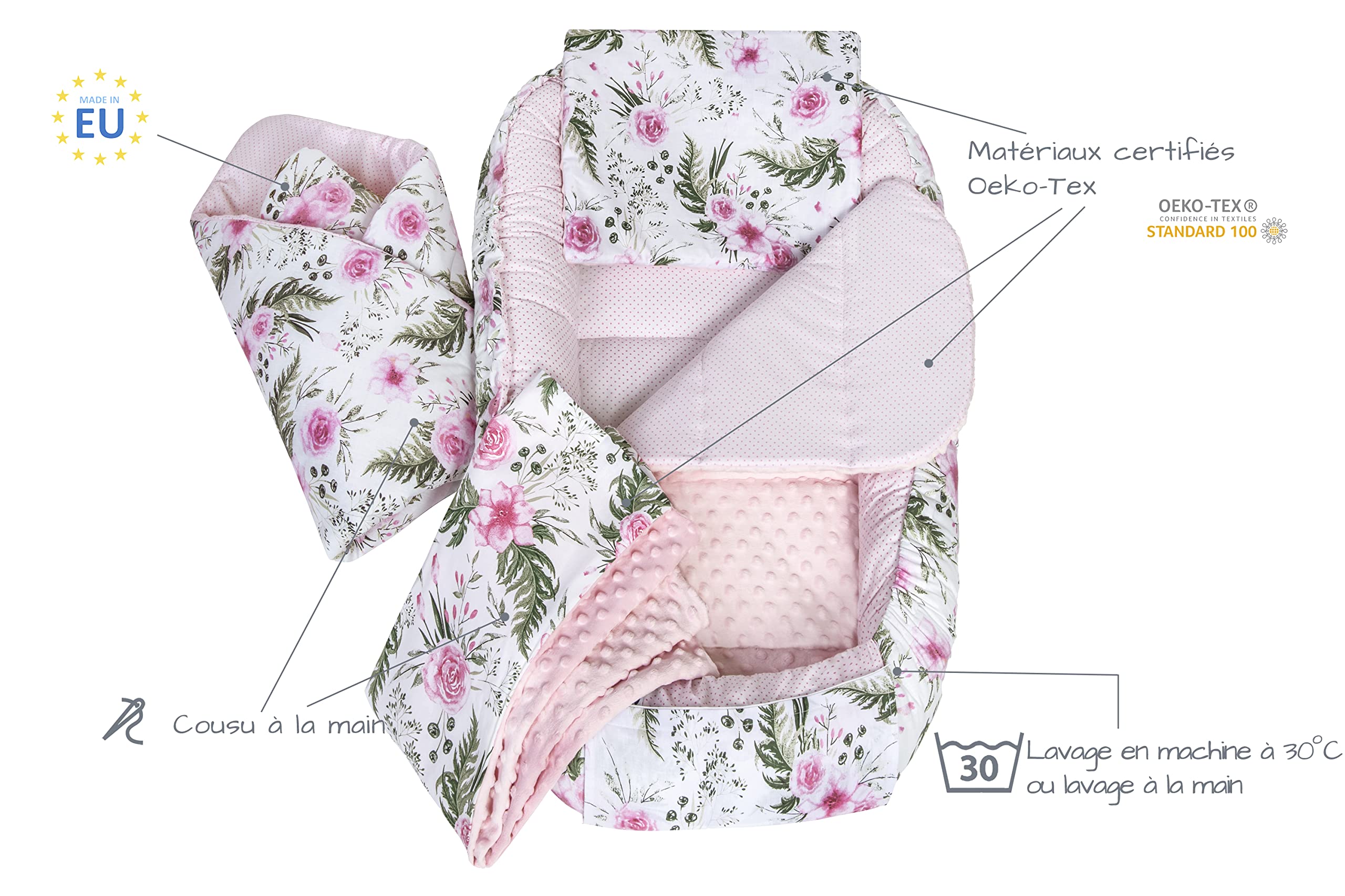 5 éléments Cocon de Bébé 100x60x15cm 100% Coton Baby Nest Medi Partners Reducteur de lit Bébés Oreiller Couverture Insert Amovible & Couverture enveloppante bébé nid d Ange siège Auto 85x85cm