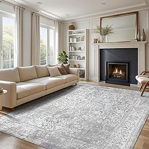 vivorug 6x9 Neutral Area Rugs, Stain Resistant Washable Rug for Living Room, Vintage-Inspired (Ivory/Silver, 6'x9')