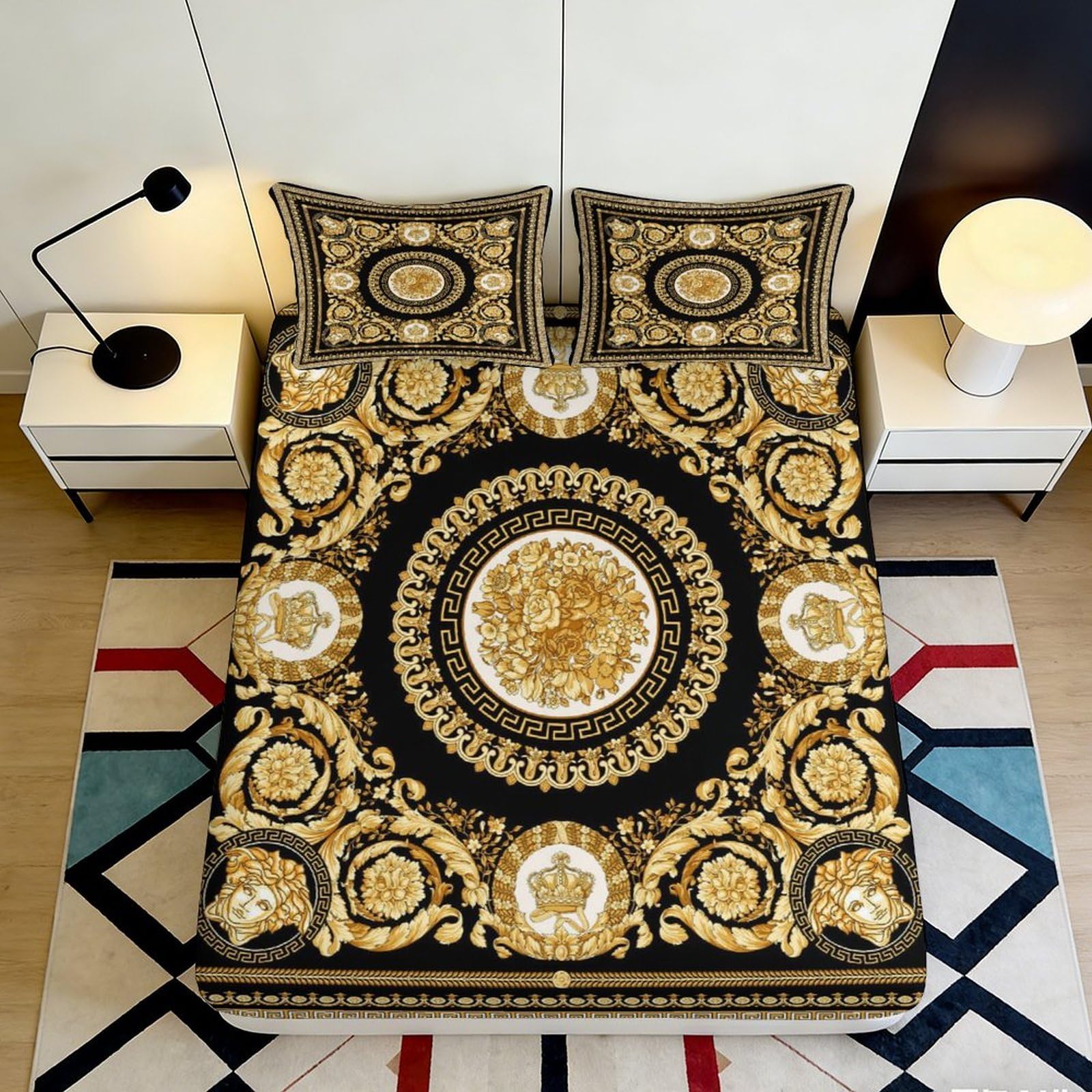 3D Printed Baroque Medallion Fitted Sheet Microfiber Gold Black Ornate Pattern Mattress Cover for Bedroom Guest Room 90x200x25cm