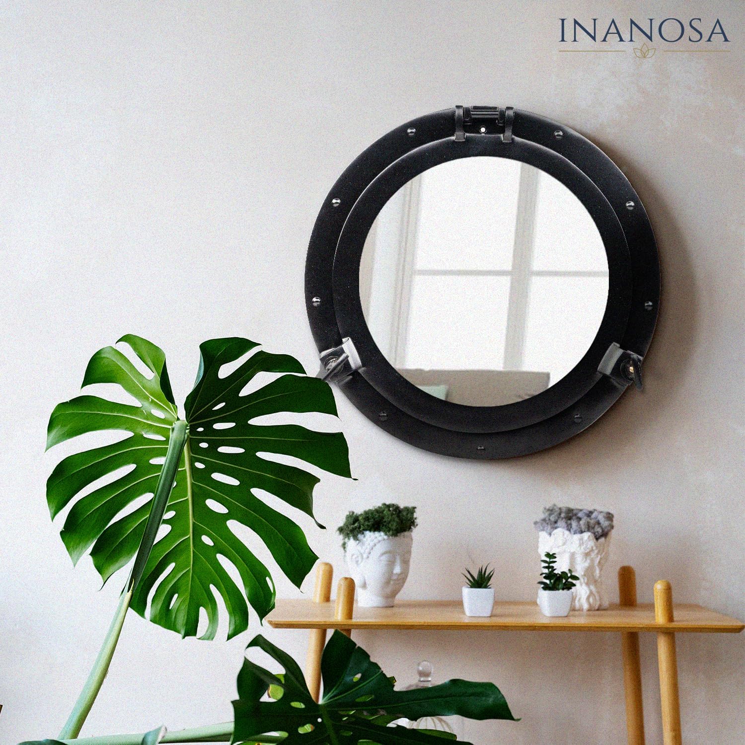 8 Inch Bathroom Wall Decor Ship Porthole Mirror with Black Finish – Vintage Round Wall Mounted Mirror for Bathroom Vanity, Nautical Pirate Coastal Vintage Home Décor