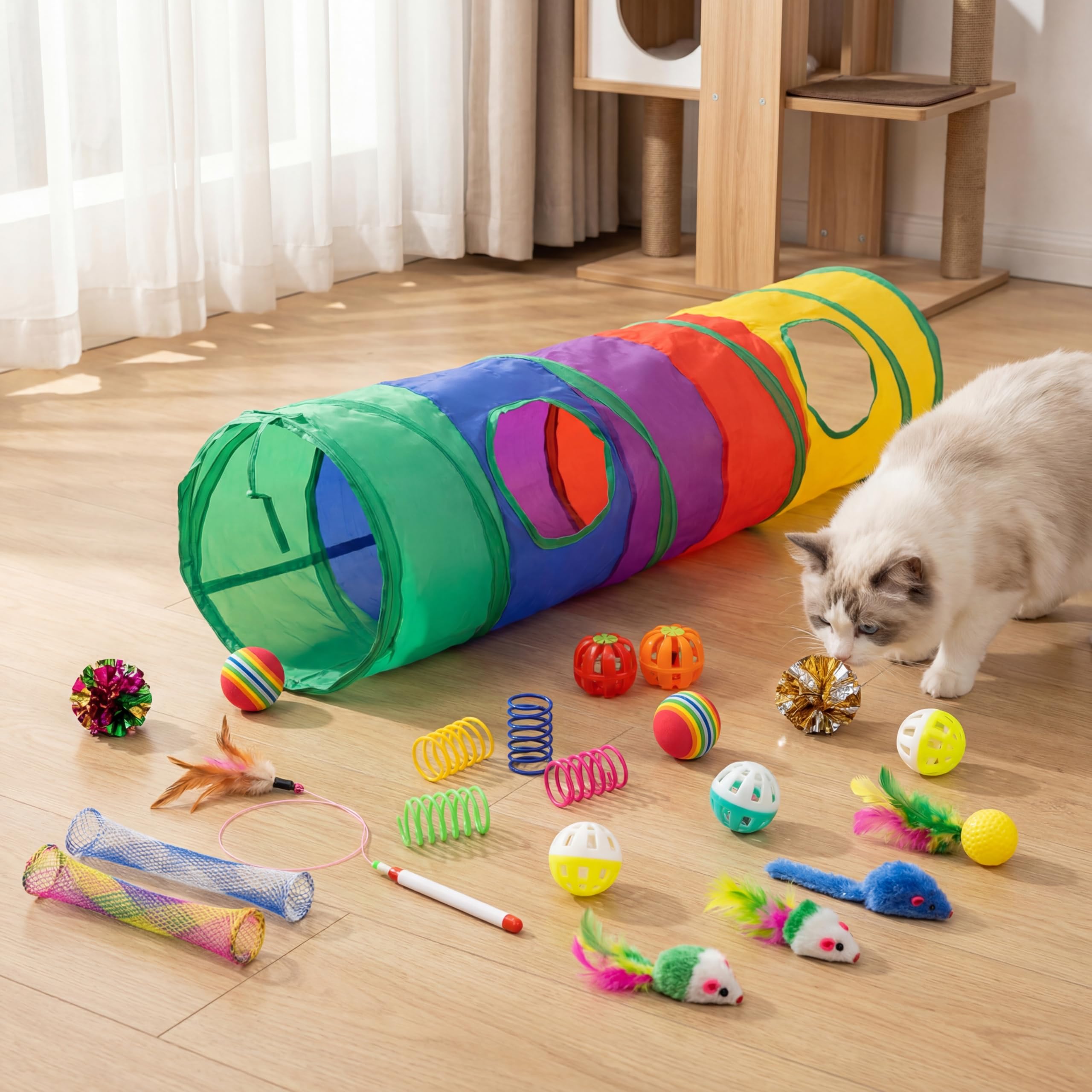 iCAGY Katzenspielzeug, Katzenspielzeug, 25 verschiedene Katzenspielzeuge, inklusive Knistertunnel, Ball, Zauberstab, Federmaus, Mäuse, Federsortiment, Set für Katzen, Kätzchen, Kaninchen, Welpen,