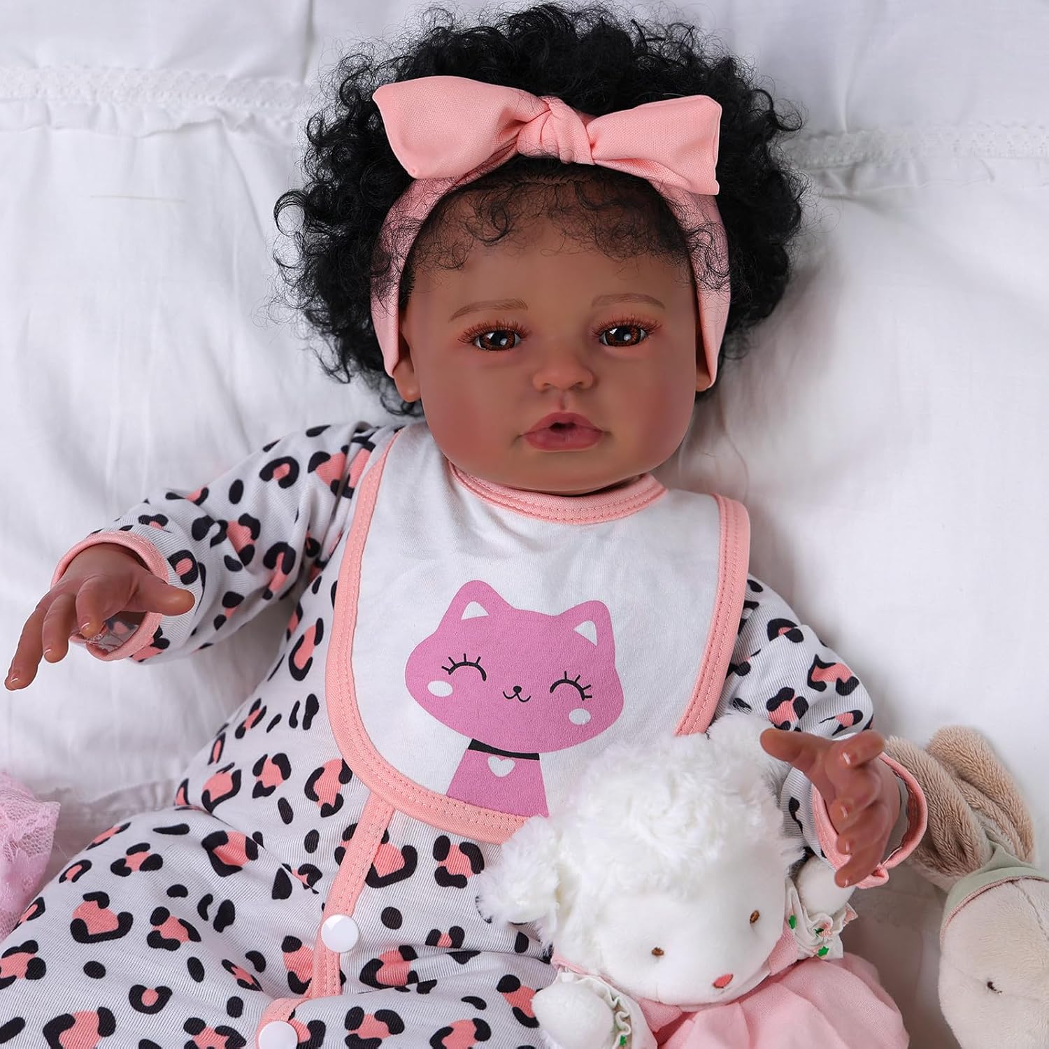 BABESIDE Reborn Baby Doll Clothes Set – Leopard Print Realistic Baby Doll Outfit with Bow Headband & Kitty Bib – Baby Doll Accessories for 17-22 Inch Dolls